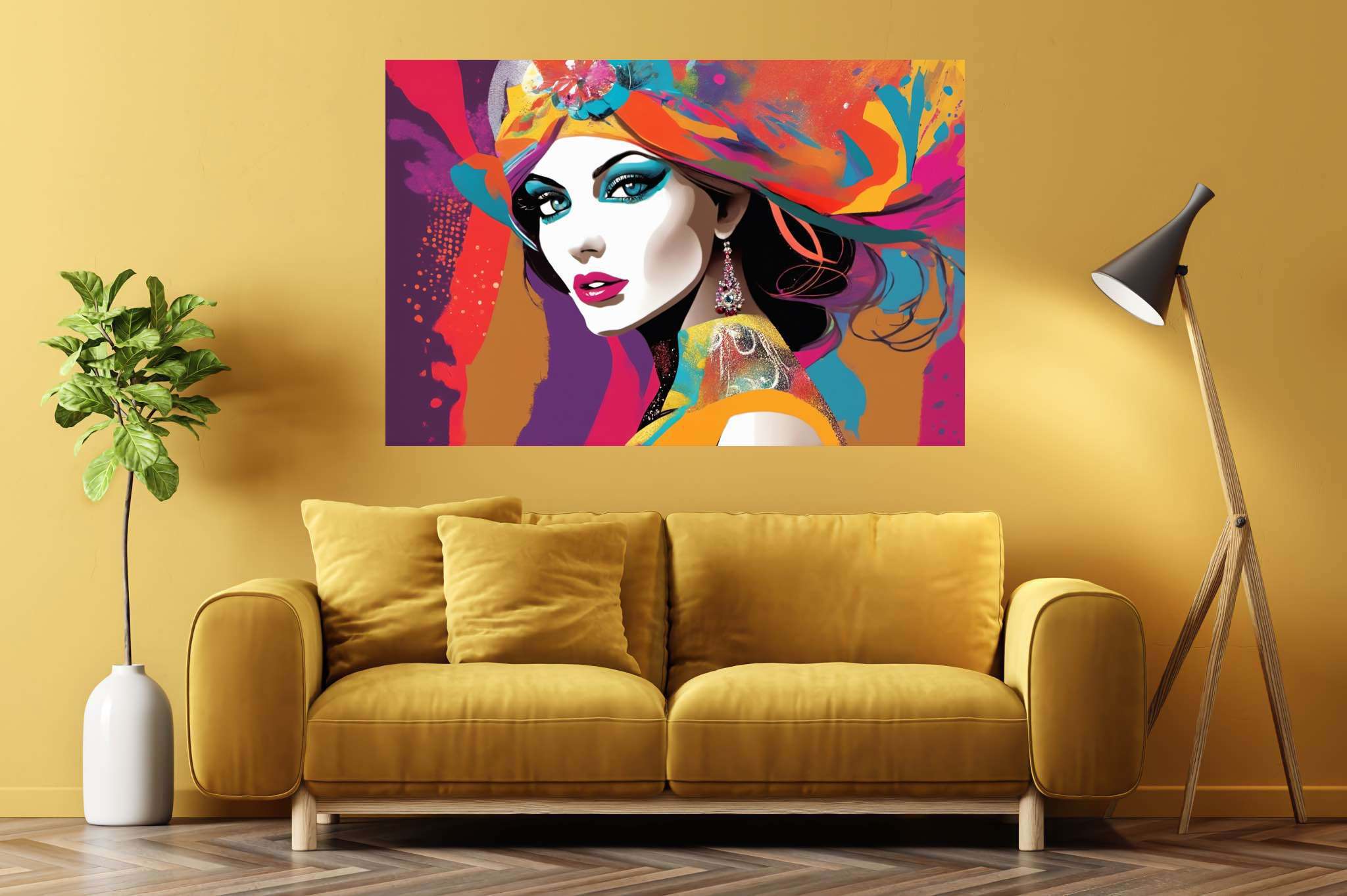 Radiant mosaic essence: Vibrant woman art with vibrant woman artwork, in a room with contemporary flair, mural artworks, and home furnishings. The art can be printed on poster, framed poster, canvas, metal, acrylic or wood, exclusively at WallArtZen. Find this exact print at https://wallartzen.com/waz210