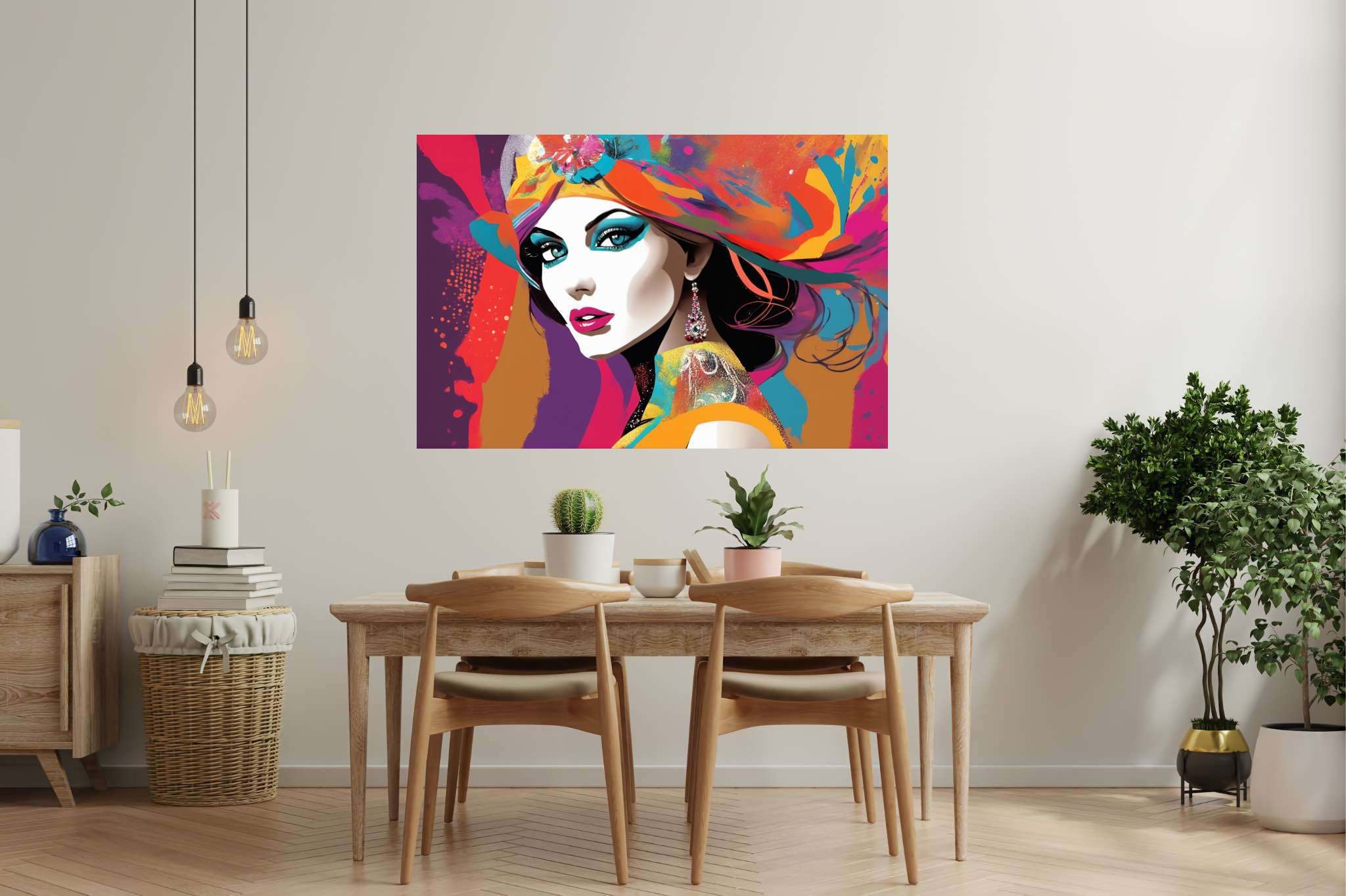 Radiant mosaic essence: Vibrant woman art with vibrant woman artwork, in a room with contemporary flair, framed art, and artisan decor. The art can be printed on poster, framed poster, canvas, metal, acrylic or wood, exclusively at WallArtZen. Find this exact print at https://wallartzen.com/waz210