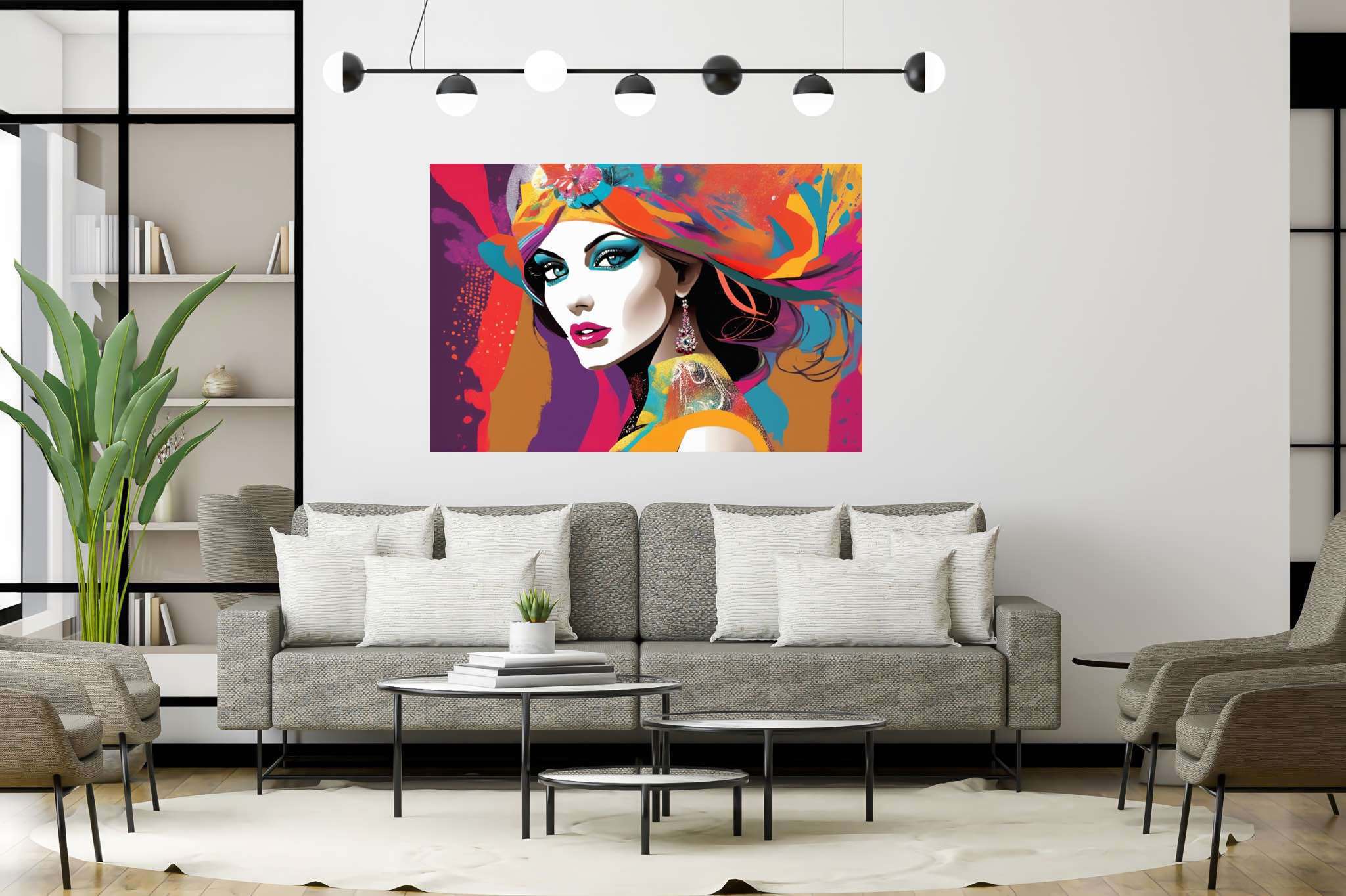 Radiant mosaic essence: Vibrant woman art with vibrant woman paintings, in a room with minimalist approach, bespoke art designs, and interior decorations. The art can be printed on poster, framed poster, canvas, metal, acrylic or wood, exclusively at WallArtZen. Find this exact print at https://wallartzen.com/waz210