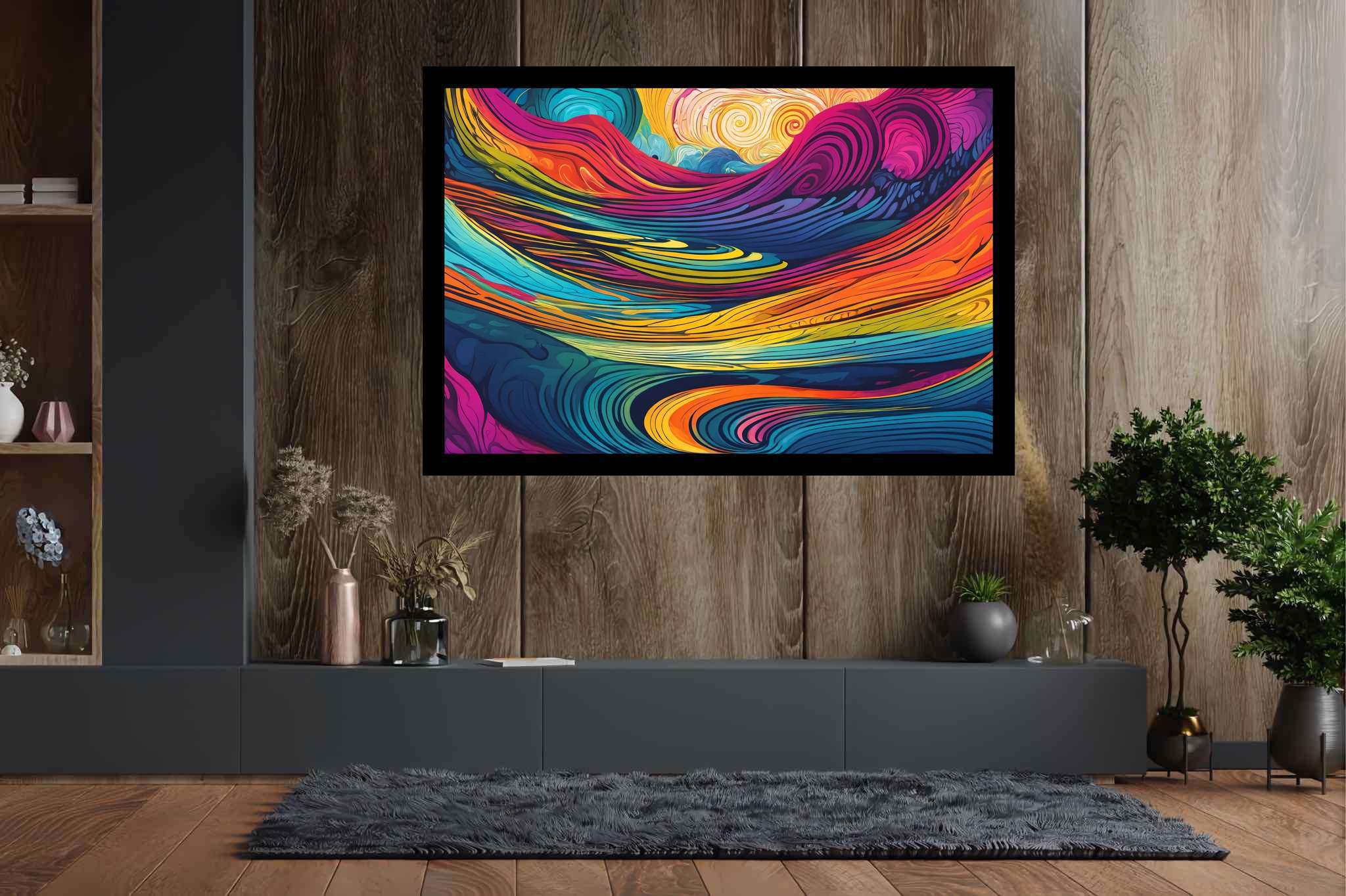 Crimson crown summit: Vibrant sunset art with vibrant sunset wall decor, in a room with minimalist approach, gallery-quality artwork, and trendy home accents. The art can be printed on poster, framed poster, canvas, metal, acrylic or wood, exclusively at WallArtZen. Find this exact print at https://wallartzen.com/waz211