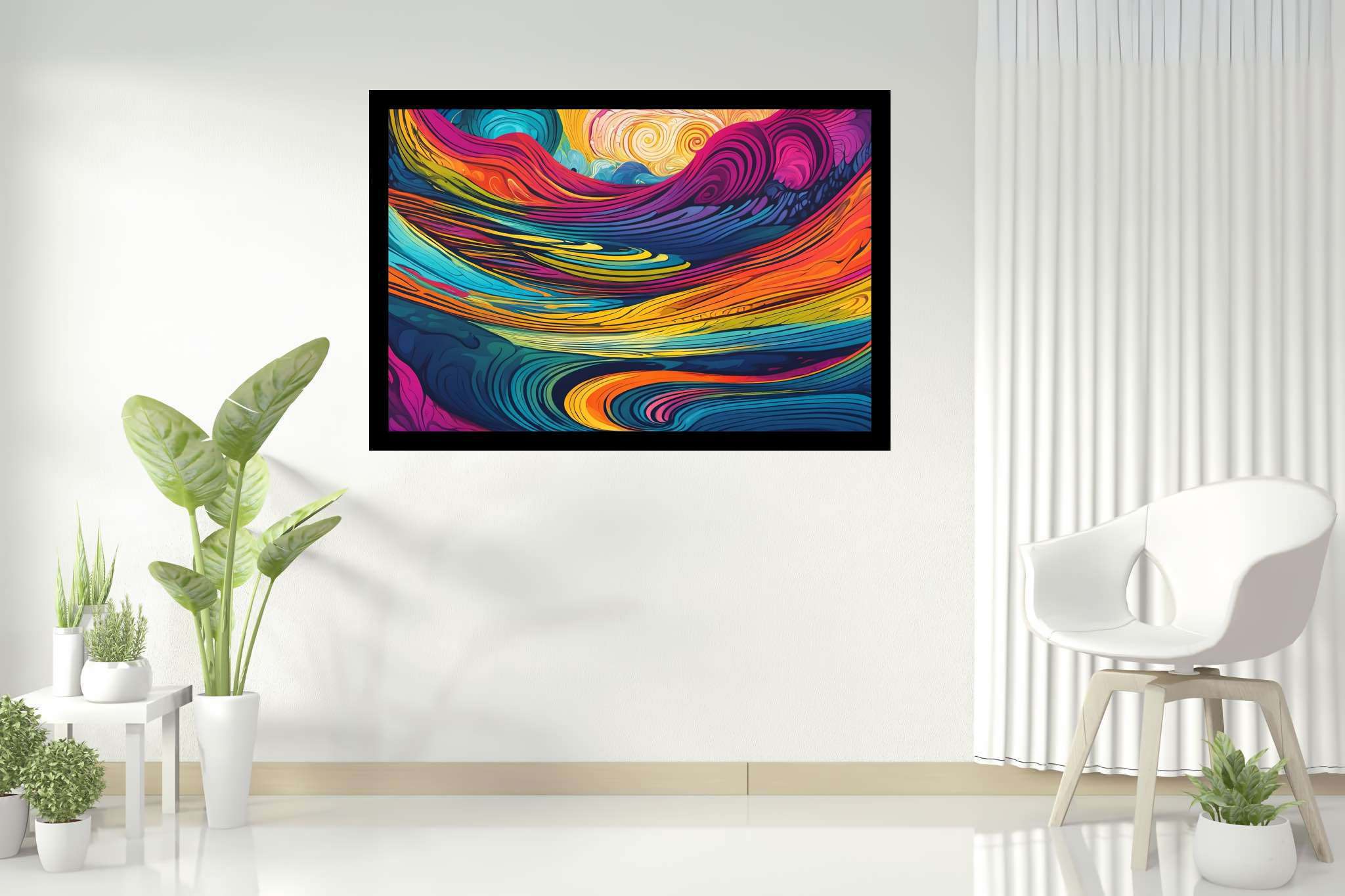 Crimson crown summit: Vibrant sunset art with colorful sunset sketches, in a room with contemporary flair, wall art, and home styling items. The art can be printed on poster, framed poster, canvas, metal, acrylic or wood, exclusively at WallArtZen. Find this exact print at https://wallartzen.com/waz211
