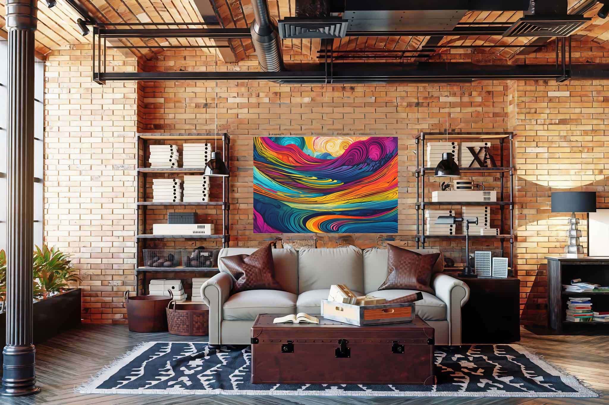Crimson crown summit: Vibrant sunset art with vibrant sunset art, in a room with classic elegance, fine art prints, and designer furniture. The art can be printed on poster, framed poster, canvas, metal, acrylic or wood, exclusively at WallArtZen. Find this exact print at https://wallartzen.com/waz211