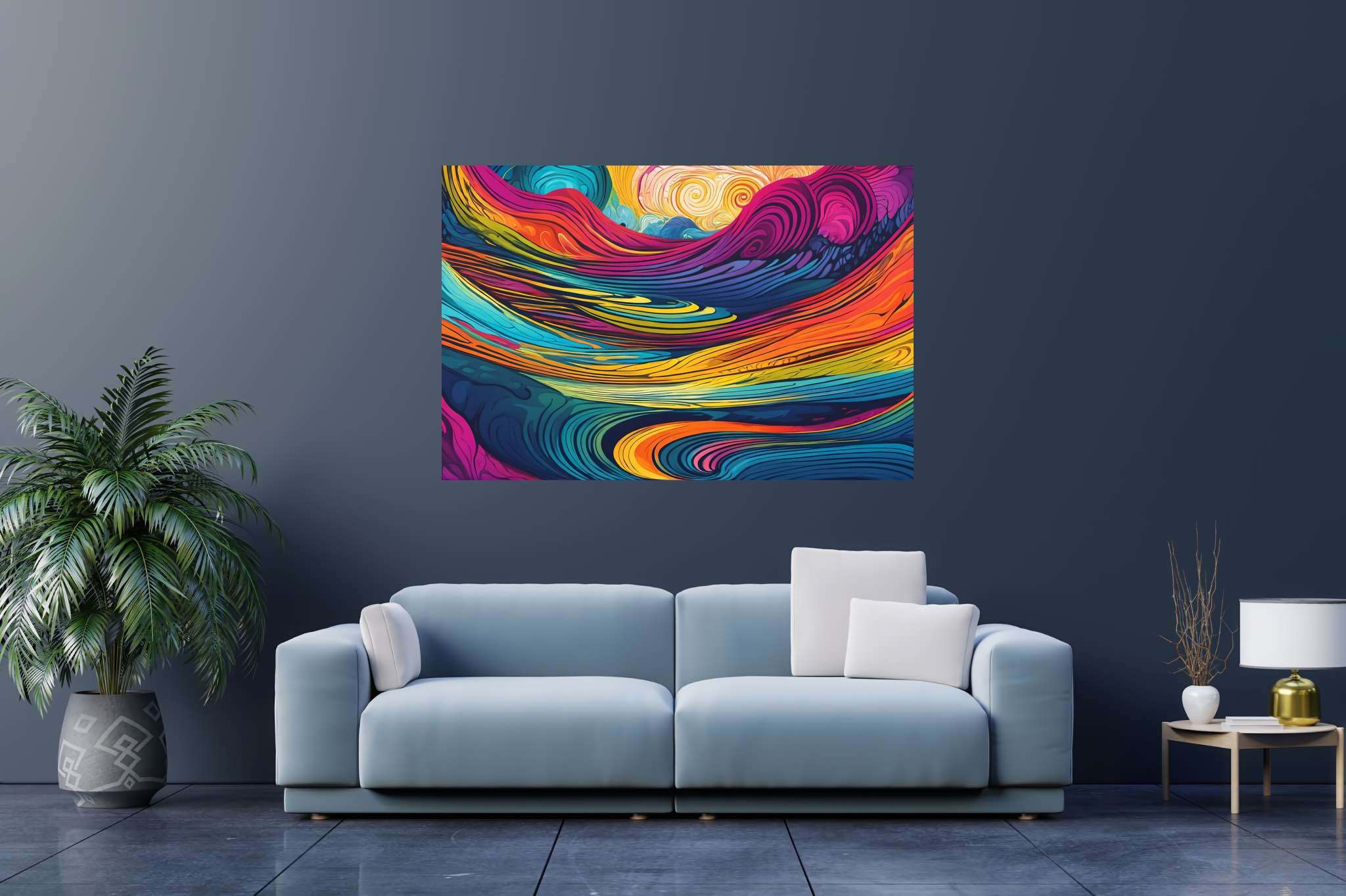 Crimson crown summit: Vibrant sunset art with vibrant landscape paintings, in a room with elegant layout, photographic wall art, and designer furniture. The art can be printed on poster, framed poster, canvas, metal, acrylic or wood, exclusively at WallArtZen. Find this exact print at https://wallartzen.com/waz211