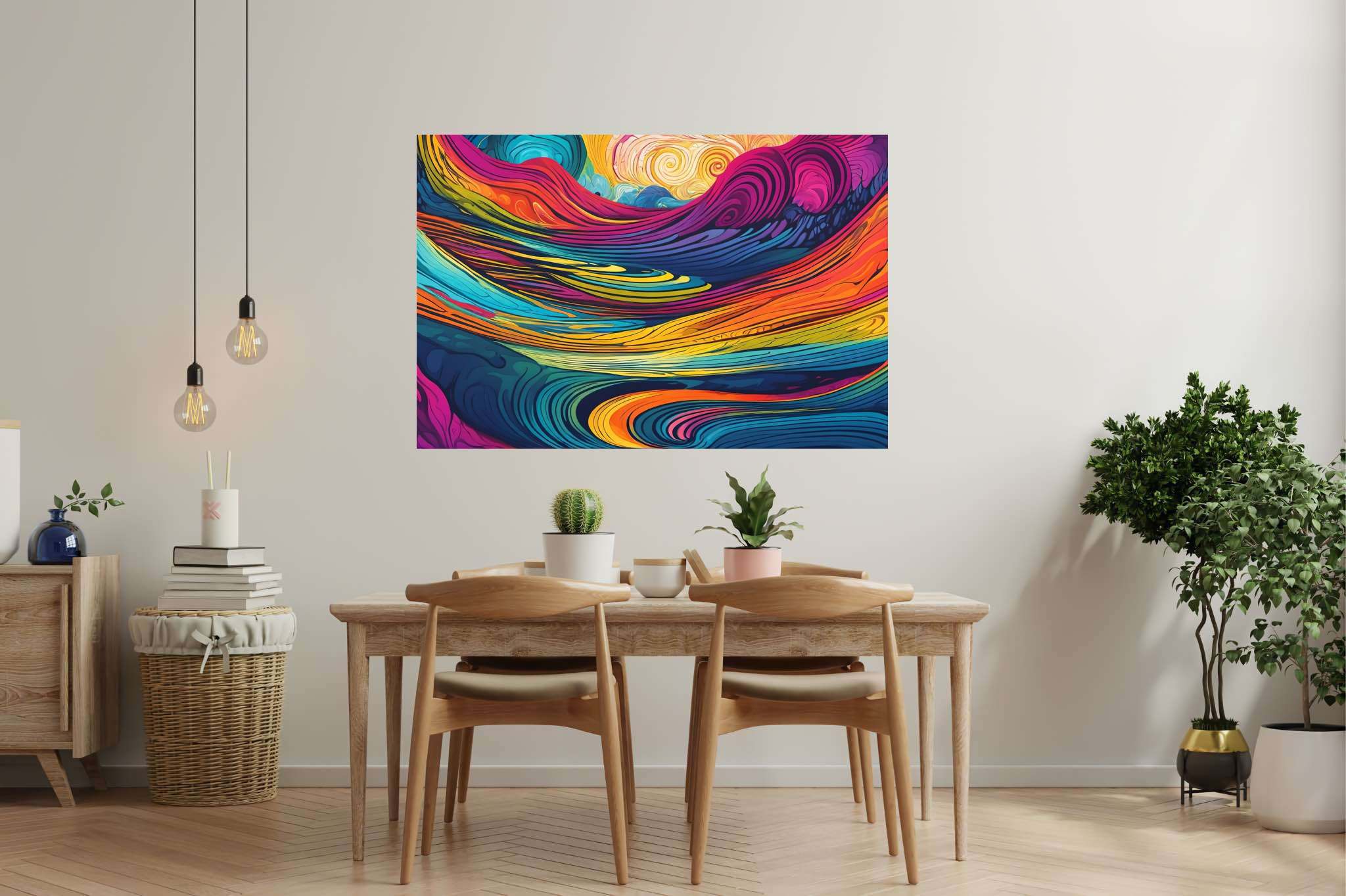 Crimson crown summit: Vibrant sunset art with vibrant sunset digital art, in a room with chic decor, wall hangings, and home styling items. The art can be printed on poster, framed poster, canvas, metal, acrylic or wood, exclusively at WallArtZen. Find this exact print at https://wallartzen.com/waz211