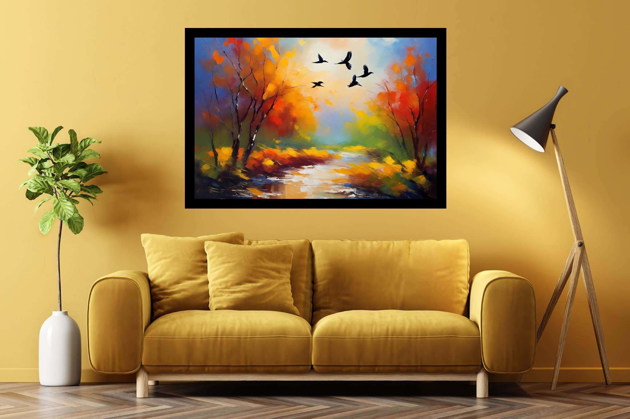 Autumn's last embrace: Autumn landscape art with autumn landscape art, in a room with great design, bespoke art designs, and artisan decor. The art can be printed on poster, framed poster, canvas, metal, acrylic or wood, exclusively at WallArtZen. Find this exact print at https://wallartzen.com/waz212