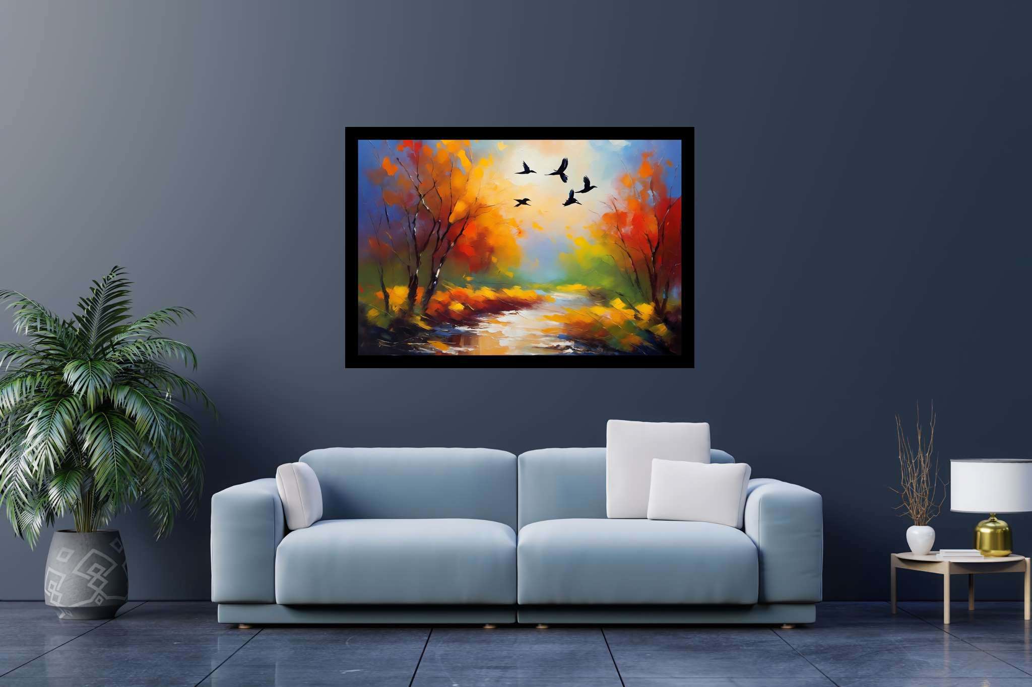 Autumn's last embrace: Autumn landscape art with peaceful nature scene, in a room with urban design, canvas prints, and stylish accessories. The art can be printed on poster, framed poster, canvas, metal, acrylic or wood, exclusively at WallArtZen. Find this exact print at https://wallartzen.com/waz212