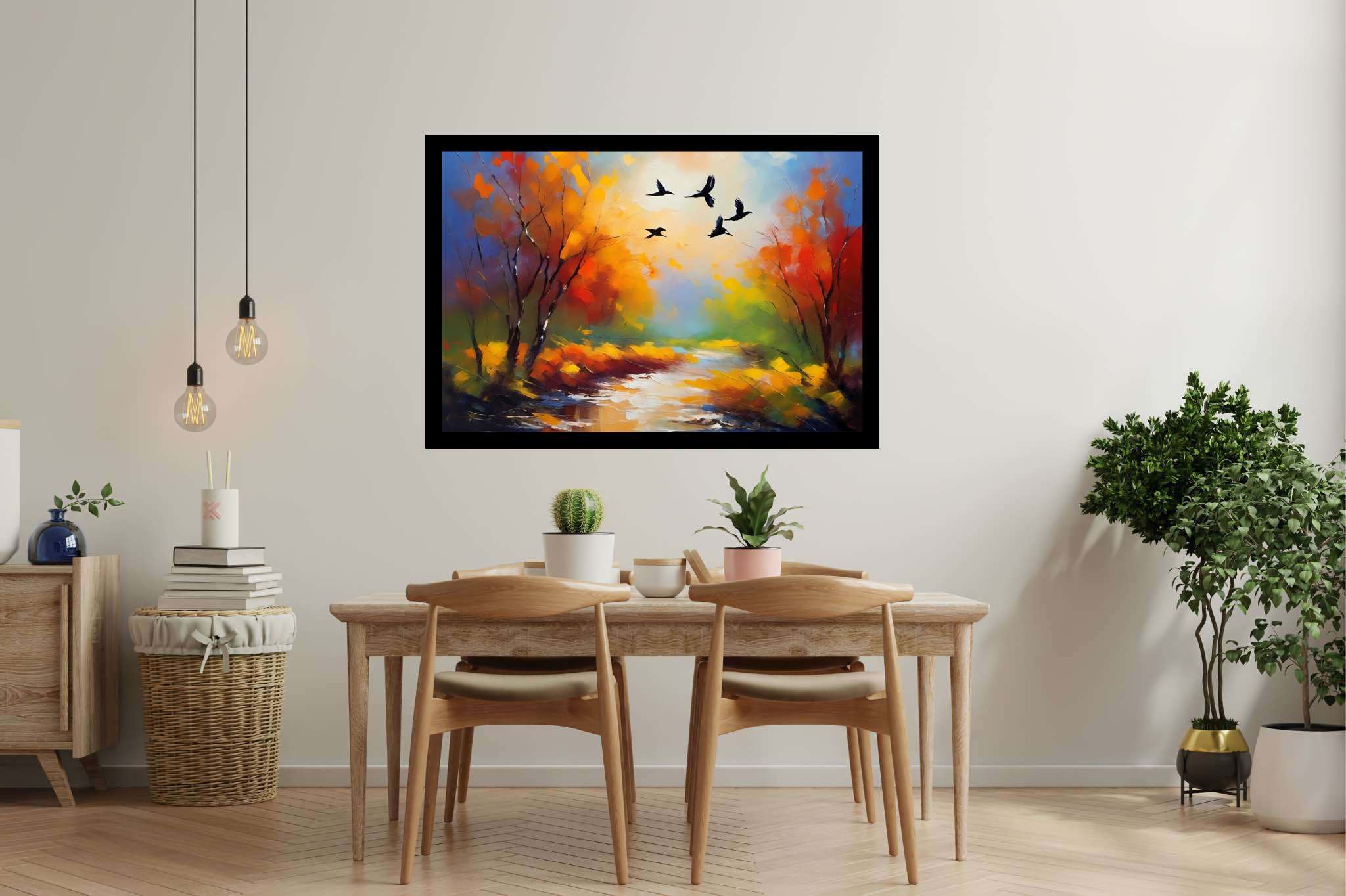 Autumn's last embrace: Autumn landscape art with nature-inspired artwork, in a room with contemporary flair, bespoke art designs, and designer furniture. The art can be printed on poster, framed poster, canvas, metal, acrylic or wood, exclusively at WallArtZen. Find this exact print at https://wallartzen.com/waz212