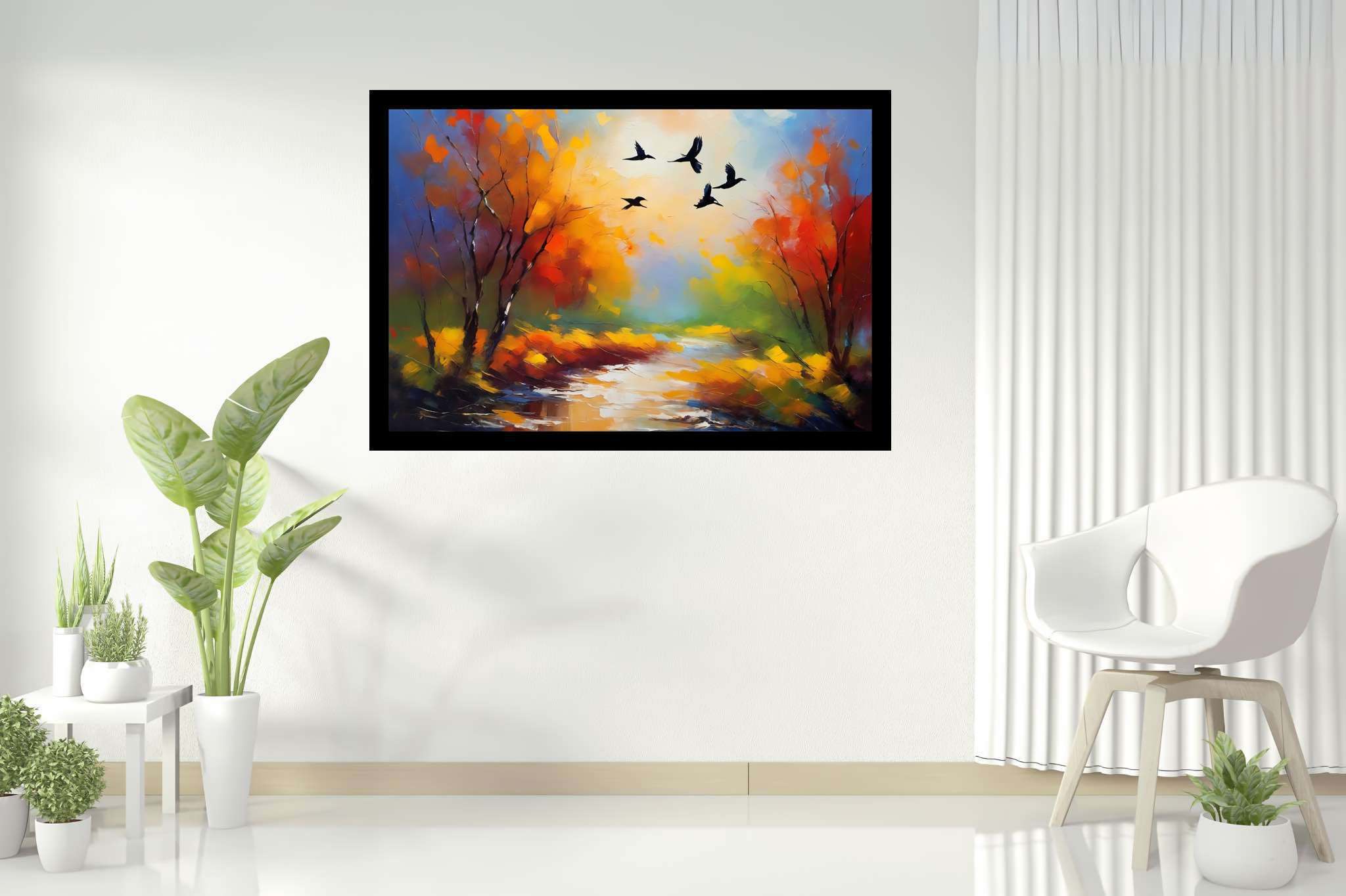 Autumn's last embrace: Autumn landscape art with landscape painting, in a room with artistic style, framed art, and stylish accessories. The art can be printed on poster, framed poster, canvas, metal, acrylic or wood, exclusively at WallArtZen. Find this exact print at https://wallartzen.com/waz212