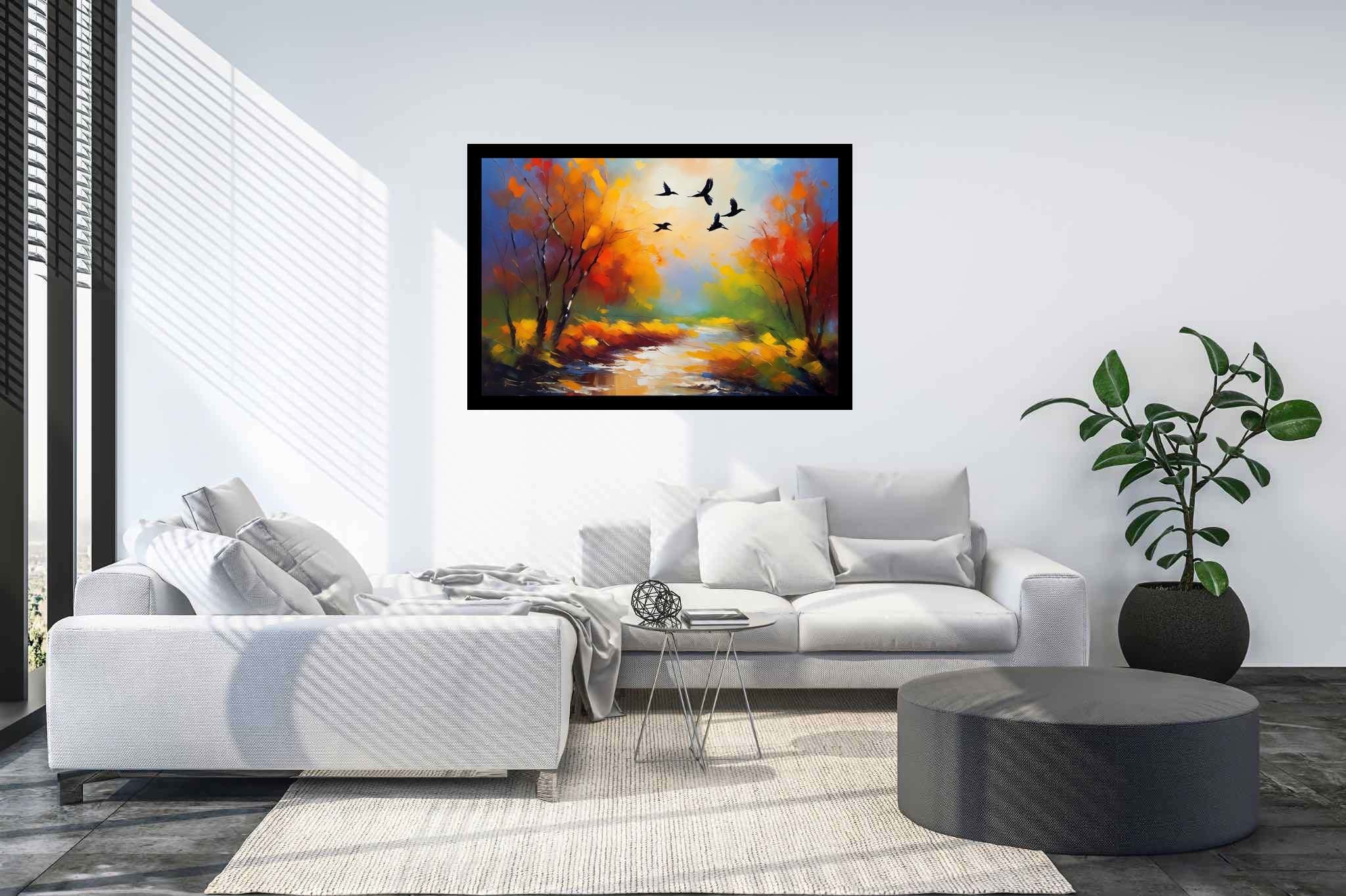 Autumn's last embrace: Autumn landscape art with picturesque nature, in a room with elegant layout, gallery-quality artwork, and decorative pieces. The art can be printed on poster, framed poster, canvas, metal, acrylic or wood, exclusively at WallArtZen. Find this exact print at https://wallartzen.com/waz212