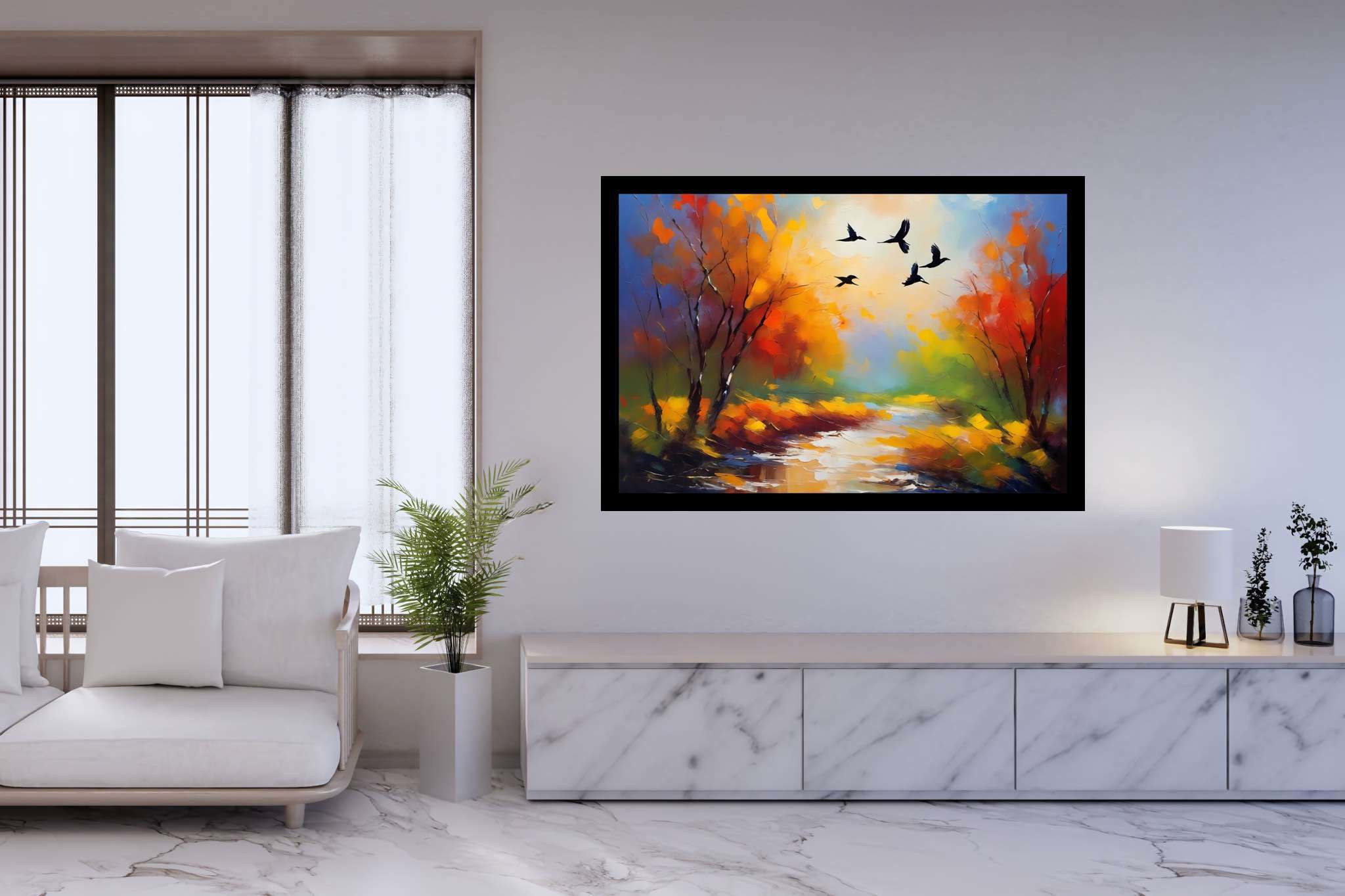 Autumn's last embrace: Autumn landscape art with fall scenery painting, in a room with artistic style, bespoke art designs, and home styling items. The art can be printed on poster, framed poster, canvas, metal, acrylic or wood, exclusively at WallArtZen. Find this exact print at https://wallartzen.com/waz212