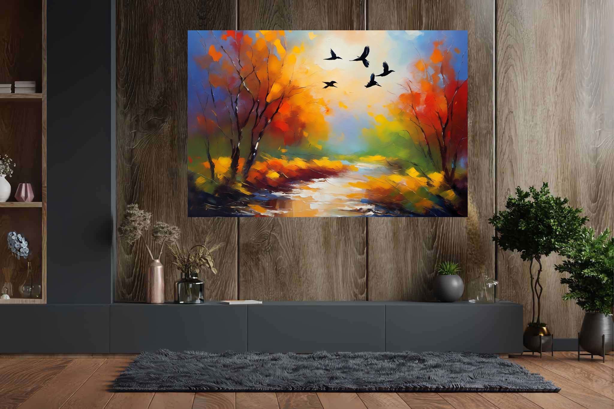 Autumn's last embrace: Autumn landscape art with vibrant autumn colors, in a room with urban design, wall art, and elegant home goods. The art can be printed on poster, framed poster, canvas, metal, acrylic or wood, exclusively at WallArtZen. Find this exact print at https://wallartzen.com/waz212