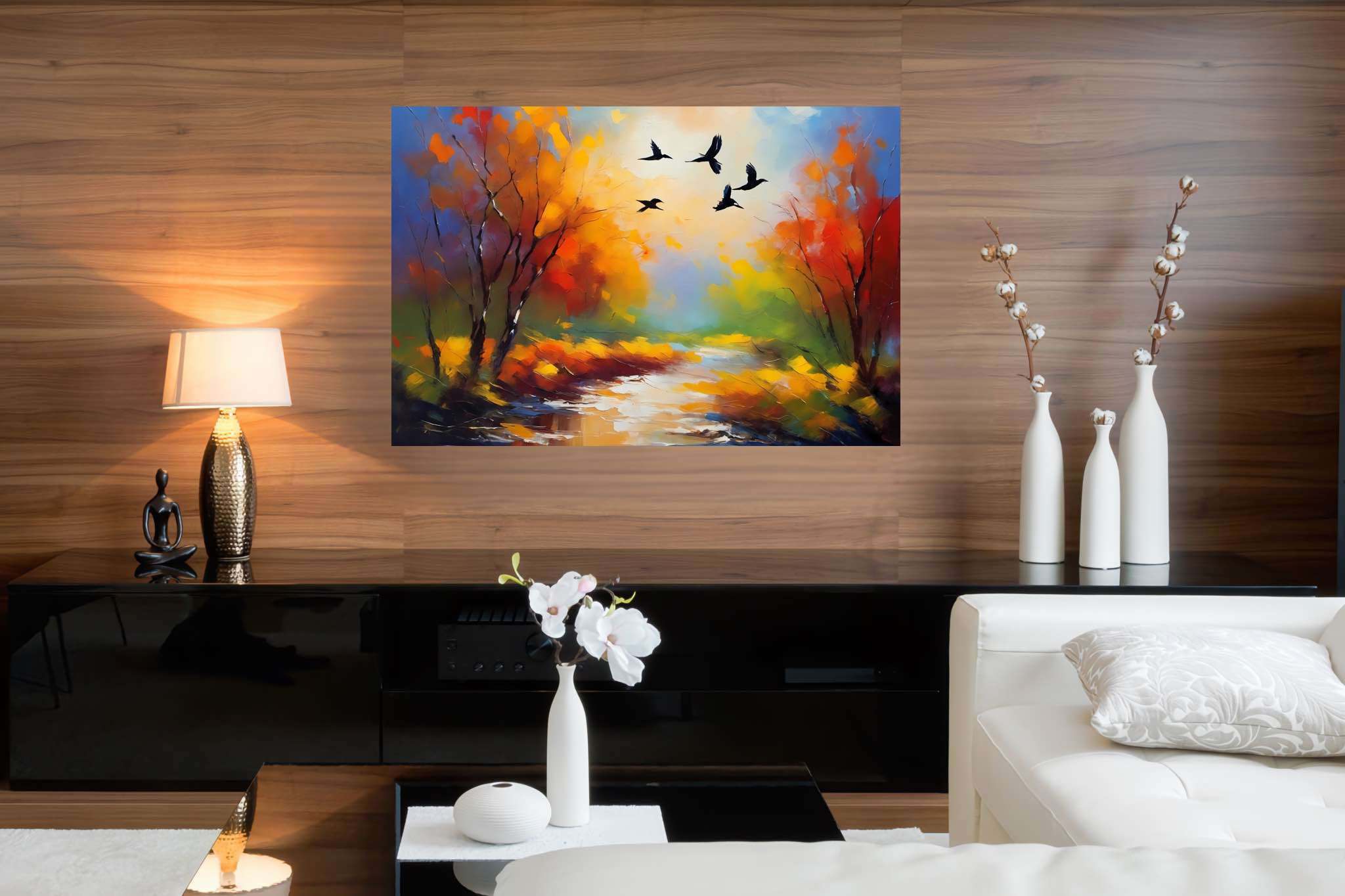 Autumn's last embrace: Autumn landscape art with colorful foliage, in a room with urban design, abstract paintings, and trendy home accents. The art can be printed on poster, framed poster, canvas, metal, acrylic or wood, exclusively at WallArtZen. Find this exact print at https://wallartzen.com/waz212