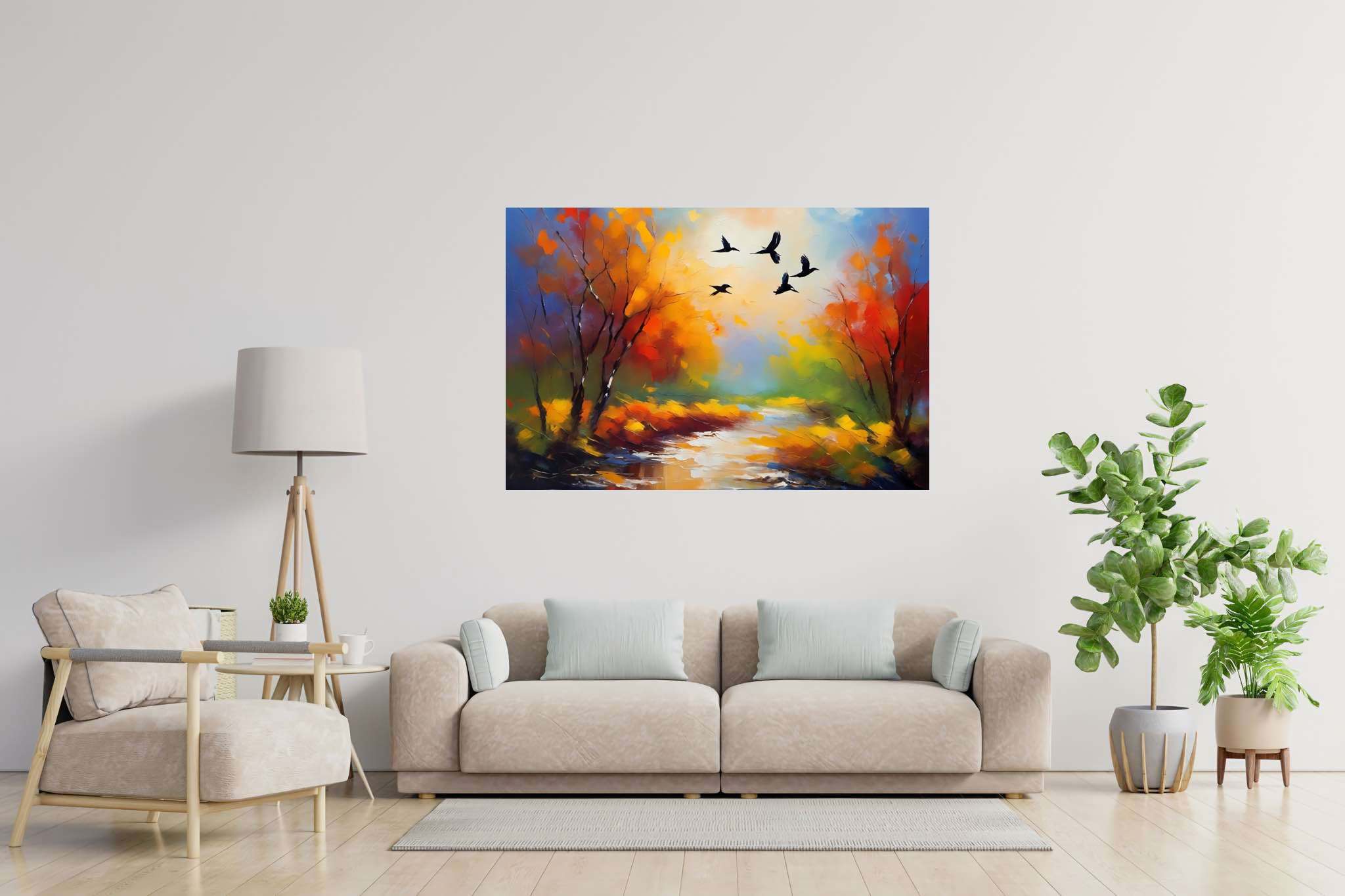 Autumn's last embrace: Autumn landscape art with autumn-inspired art, in a room with contemporary flair, wall hangings, and home furnishings. The art can be printed on poster, framed poster, canvas, metal, acrylic or wood, exclusively at WallArtZen. Find this exact print at https://wallartzen.com/waz212