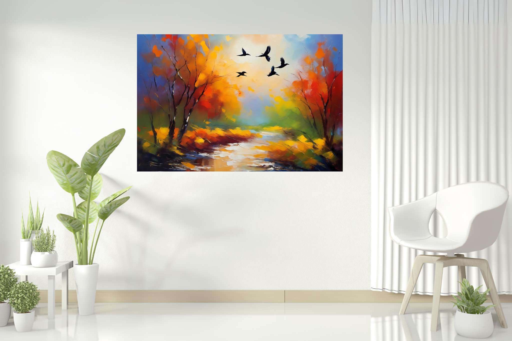 Autumn's last embrace: Autumn landscape art with seasonal landscape, in a room with urban design, fine art prints, and elegant home goods. The art can be printed on poster, framed poster, canvas, metal, acrylic or wood, exclusively at WallArtZen. Find this exact print at https://wallartzen.com/waz212