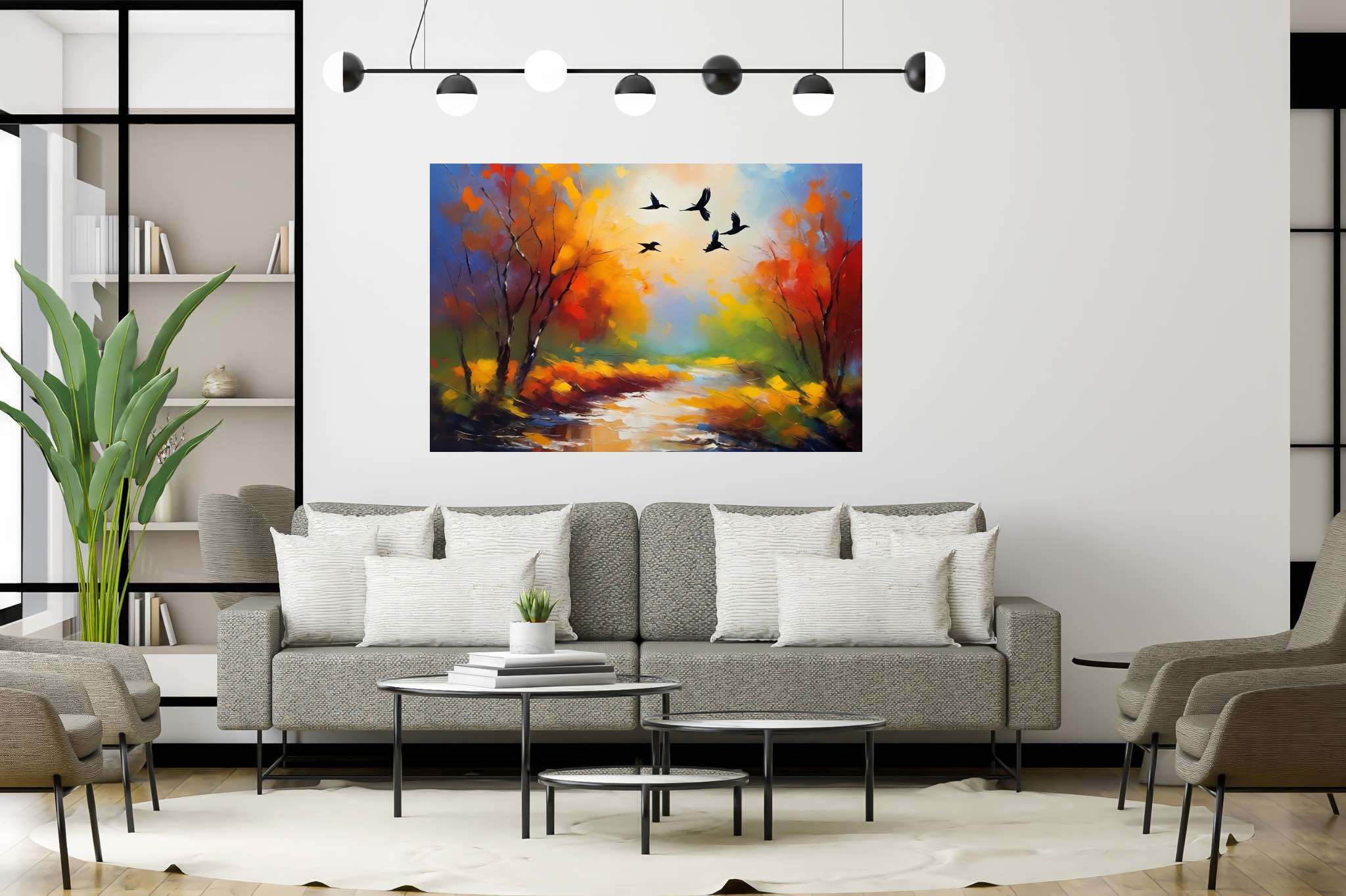Autumn's last embrace: Autumn landscape art with autumn landscape art, in a room with urban design, wall art, and home furnishings. The art can be printed on poster, framed poster, canvas, metal, acrylic or wood, exclusively at WallArtZen. Find this exact print at https://wallartzen.com/waz212