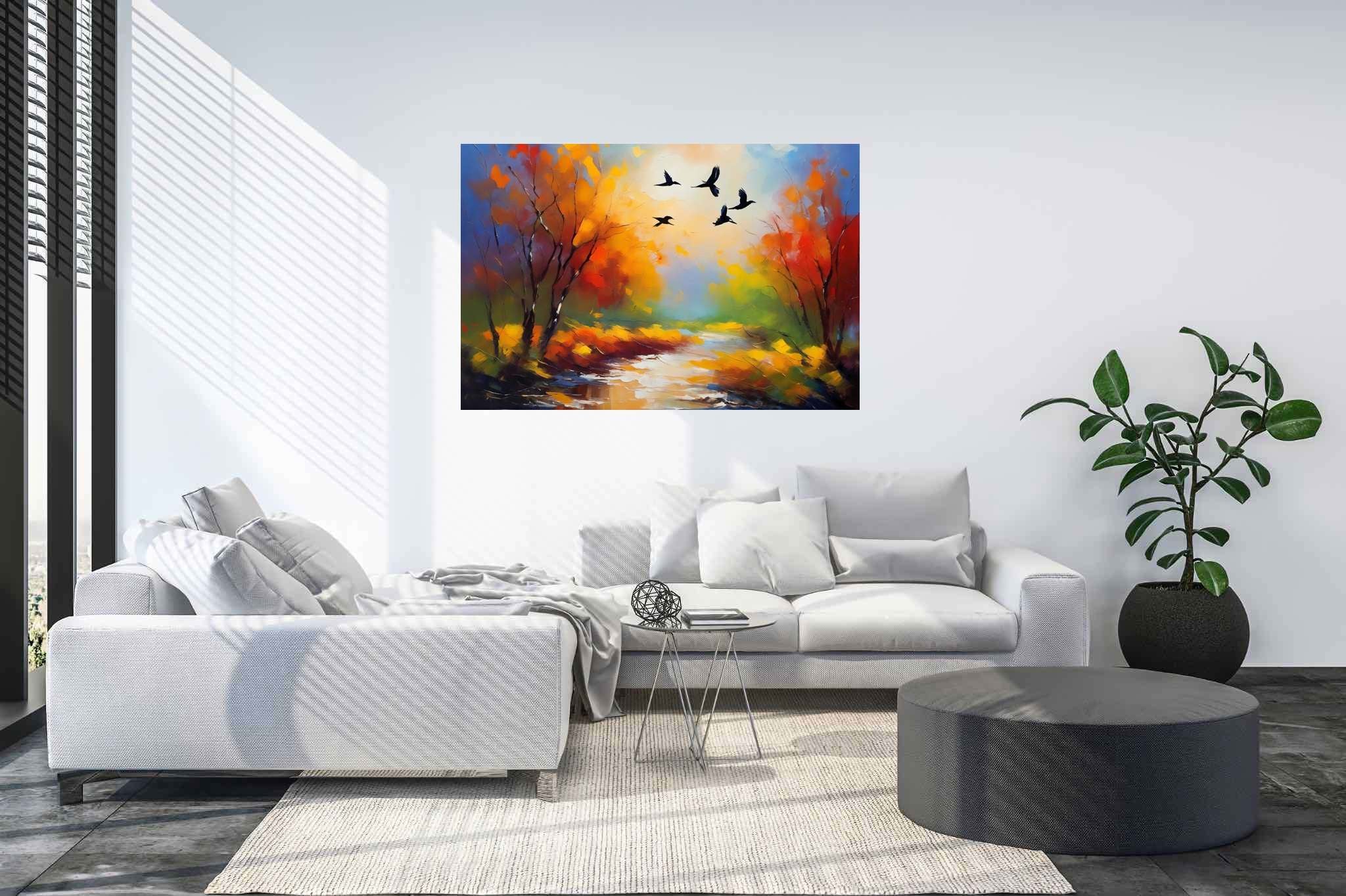 Autumn's last embrace: Autumn landscape art with scenic beauty, in a room with chic decor, wall art, and elegant home goods. The art can be printed on poster, framed poster, canvas, metal, acrylic or wood, exclusively at WallArtZen. Find this exact print at https://wallartzen.com/waz212