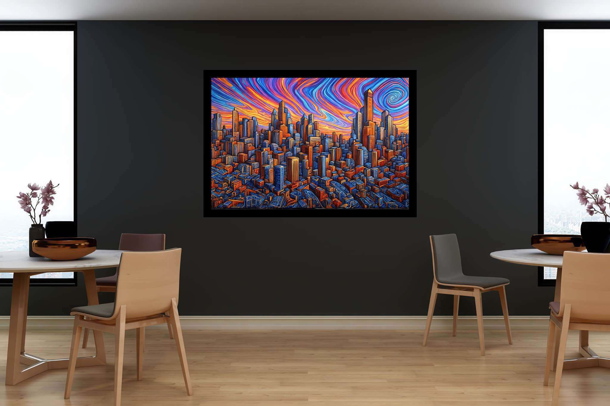 Urban lullaby at dusk: Sunset cityscape art with vibrant sunset artwork, in a room with minimalist approach, bespoke art designs, and luxe decor. The art can be printed on poster, framed poster, canvas, metal, acrylic or wood, exclusively at WallArtZen. Find this exact print at https://wallartzen.com/waz213