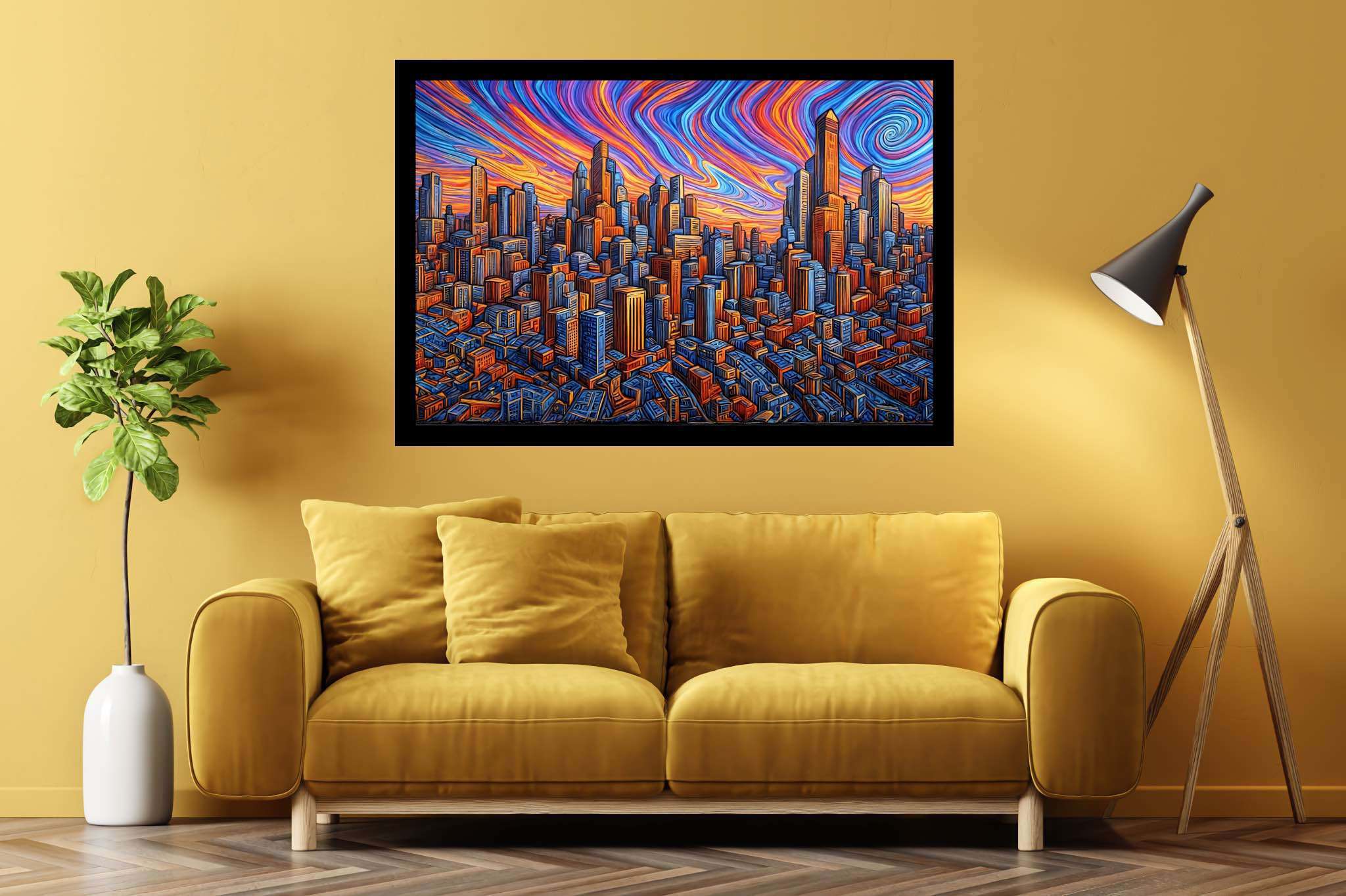 Urban lullaby at dusk: Sunset cityscape art with abstract cityscape art, in a room with artistic style, canvas prints, and home styling items. The art can be printed on poster, framed poster, canvas, metal, acrylic or wood, exclusively at WallArtZen. Find this exact print at https://wallartzen.com/waz213
