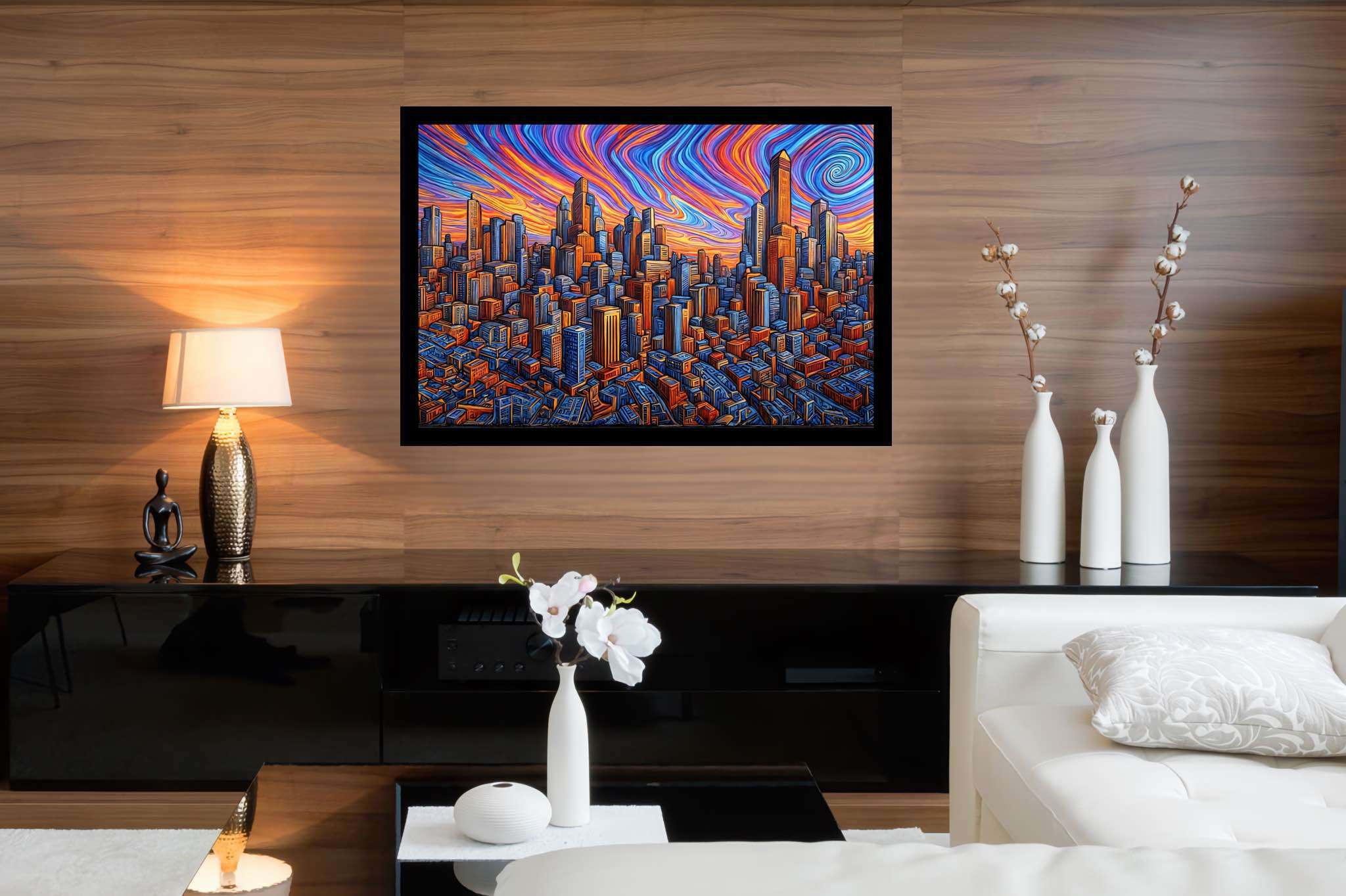 Urban lullaby at dusk: Sunset cityscape art with expressive urban artwork, in a room with modern style, wall hangings, and decorative pieces. The art can be printed on poster, framed poster, canvas, metal, acrylic or wood, exclusively at WallArtZen. Find this exact print at https://wallartzen.com/waz213