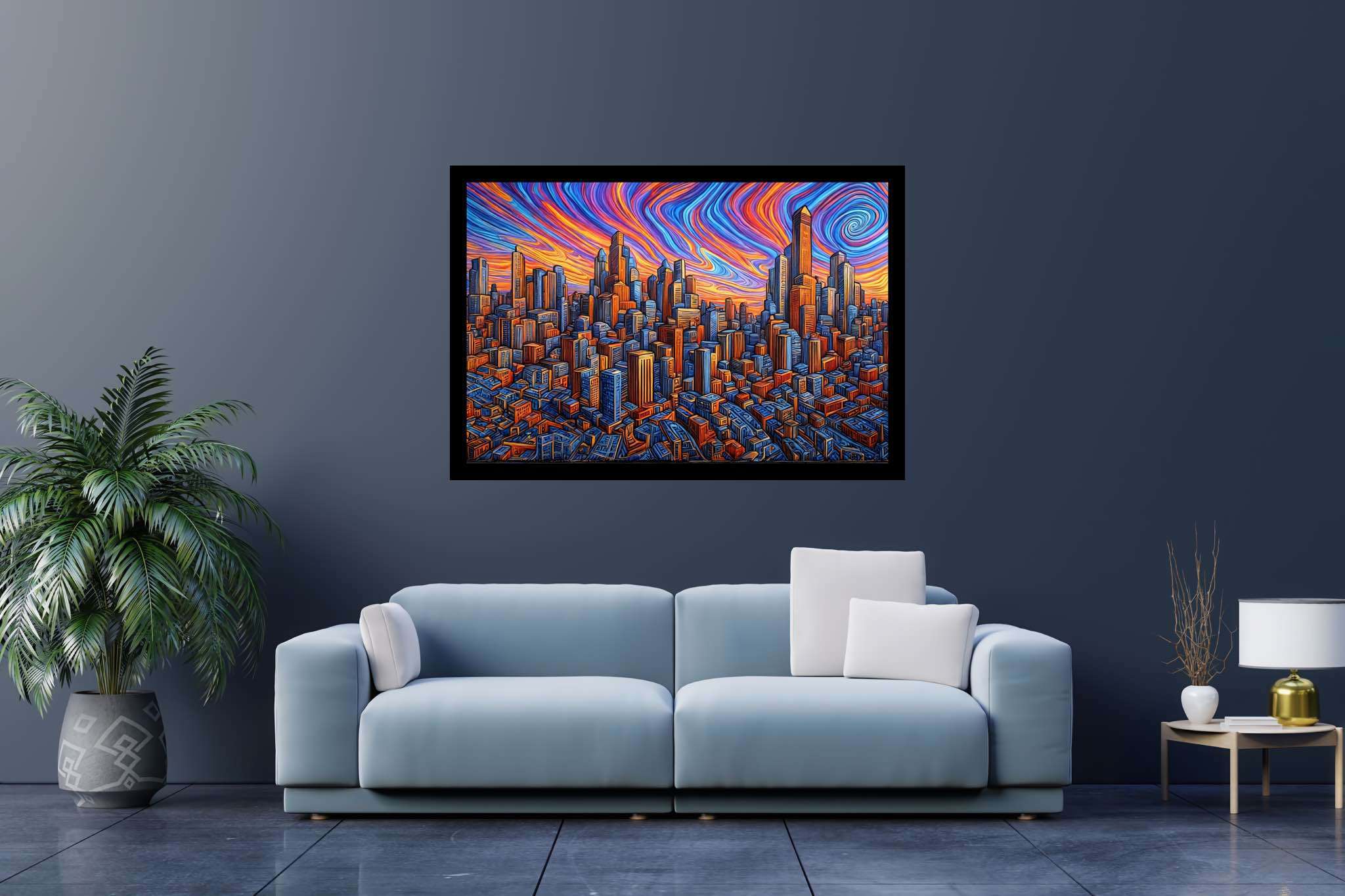 Urban lullaby at dusk: Sunset cityscape art with sunset cityscape art, in a room with classic elegance, wall hangings, and stylish accessories. The art can be printed on poster, framed poster, canvas, metal, acrylic or wood, exclusively at WallArtZen. Find this exact print at https://wallartzen.com/waz213