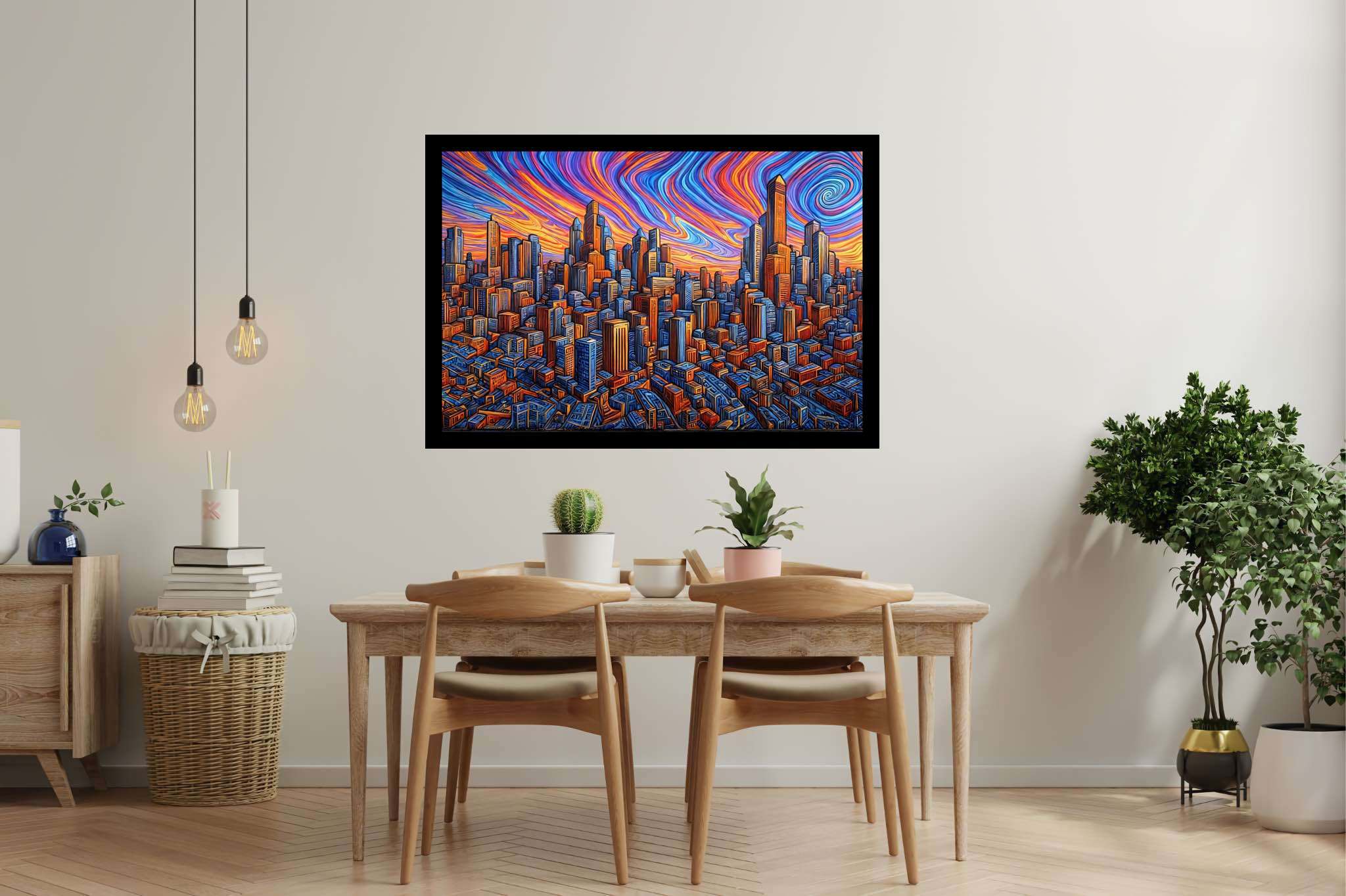 Urban lullaby at dusk: Sunset cityscape art with impressionistic sunset art, in a room with artistic style, abstract paintings, and artisan decor. The art can be printed on poster, framed poster, canvas, metal, acrylic or wood, exclusively at WallArtZen. Find this exact print at https://wallartzen.com/waz213