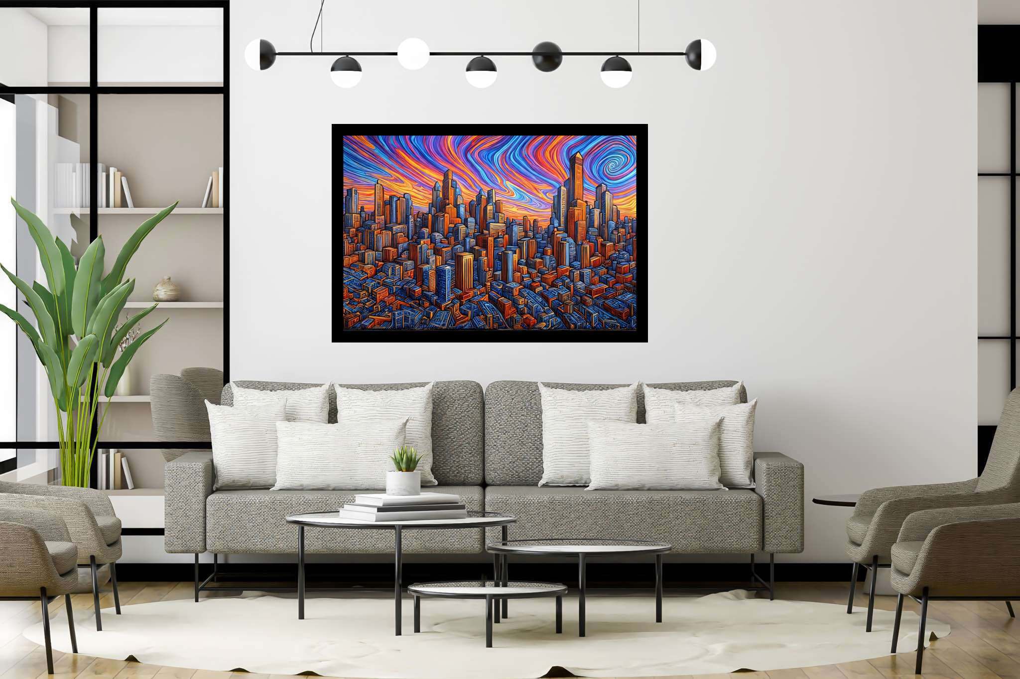 Urban lullaby at dusk: Sunset cityscape art with expressive urban artwork, in a room with classic elegance, gallery-quality artwork, and luxe decor. The art can be printed on poster, framed poster, canvas, metal, acrylic or wood, exclusively at WallArtZen. Find this exact print at https://wallartzen.com/waz213