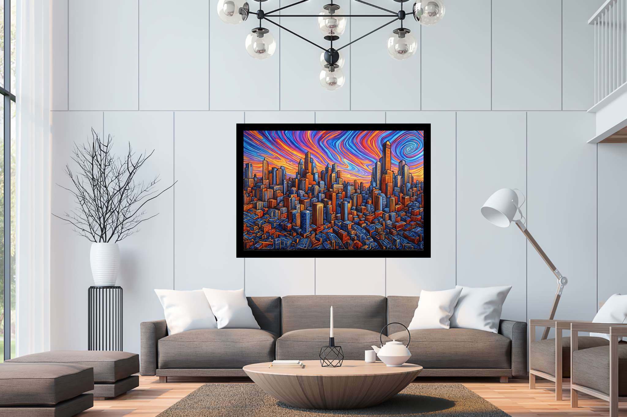 Urban lullaby at dusk: Sunset cityscape art with architectural cityscape art, in a room with classic elegance, wall hangings, and home styling items. The art can be printed on poster, framed poster, canvas, metal, acrylic or wood, exclusively at WallArtZen. Find this exact print at https://wallartzen.com/waz213