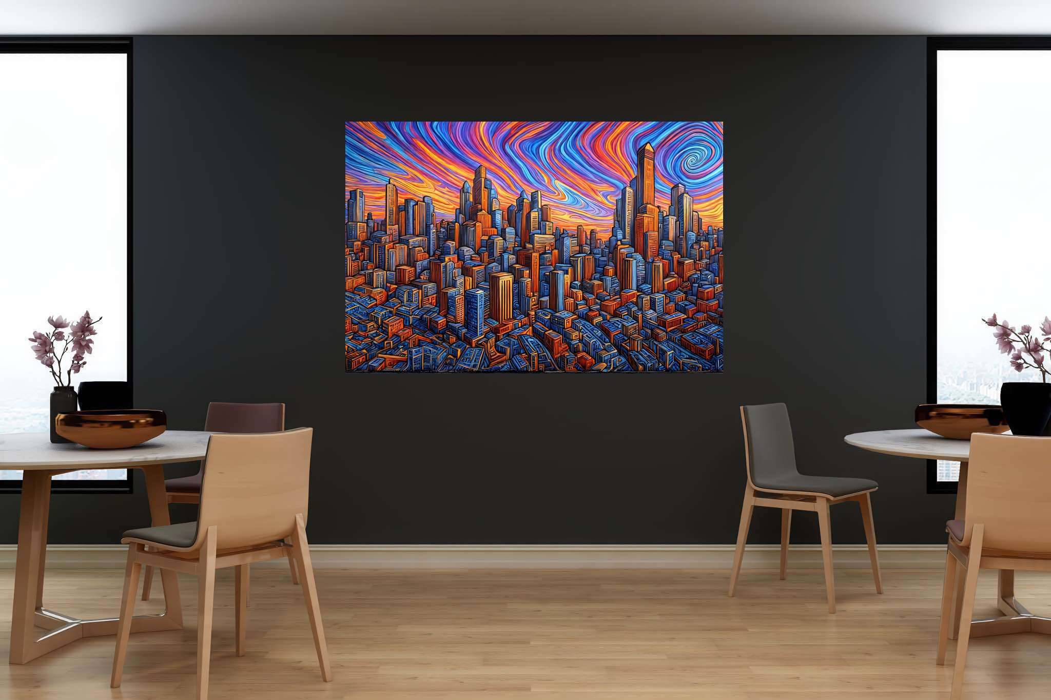 Urban lullaby at dusk: Sunset cityscape art with colorful skyline painting, in a room with artistic style, framed art, and interior decorations. The art can be printed on poster, framed poster, canvas, metal, acrylic or wood, exclusively at WallArtZen. Find this exact print at https://wallartzen.com/waz213