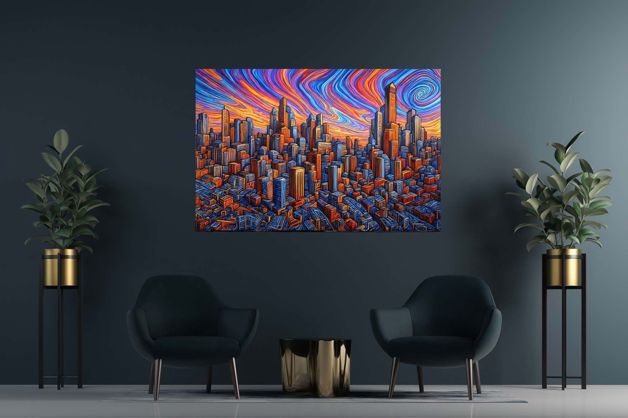 Urban lullaby at dusk: Sunset cityscape art with city skyline artwork, in a room with chic decor, framed art, and stylish accessories. The art can be printed on poster, framed poster, canvas, metal, acrylic or wood, exclusively at WallArtZen. Find this exact print at https://wallartzen.com/waz213