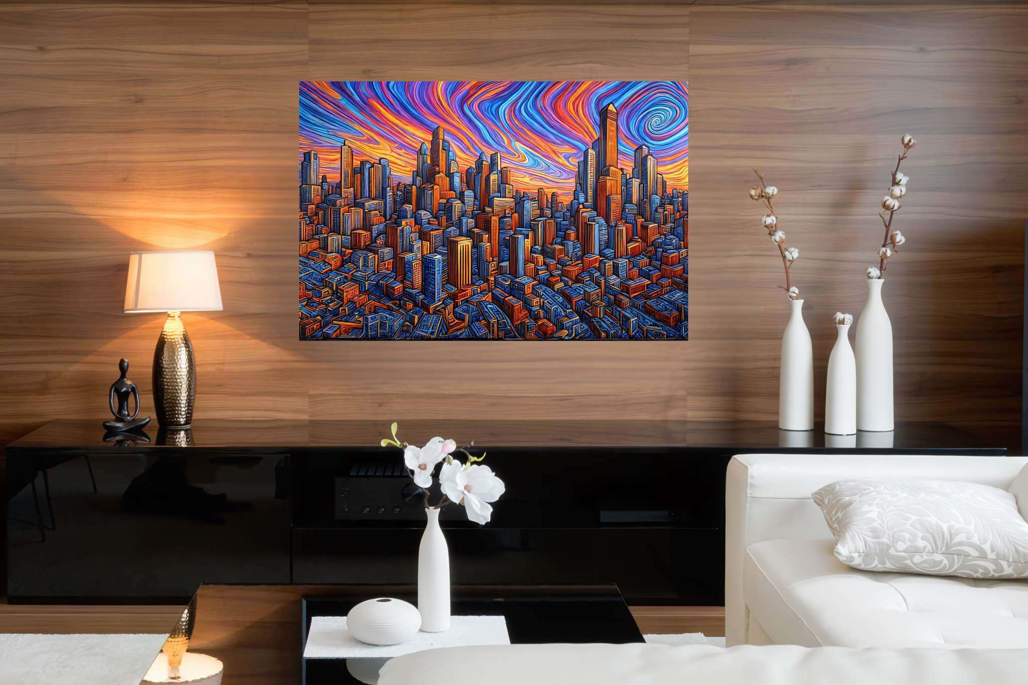 Urban lullaby at dusk: Sunset cityscape art with impressionistic sunset art, in a room with urban design, canvas prints, and home furnishings. The art can be printed on poster, framed poster, canvas, metal, acrylic or wood, exclusively at WallArtZen. Find this exact print at https://wallartzen.com/waz213