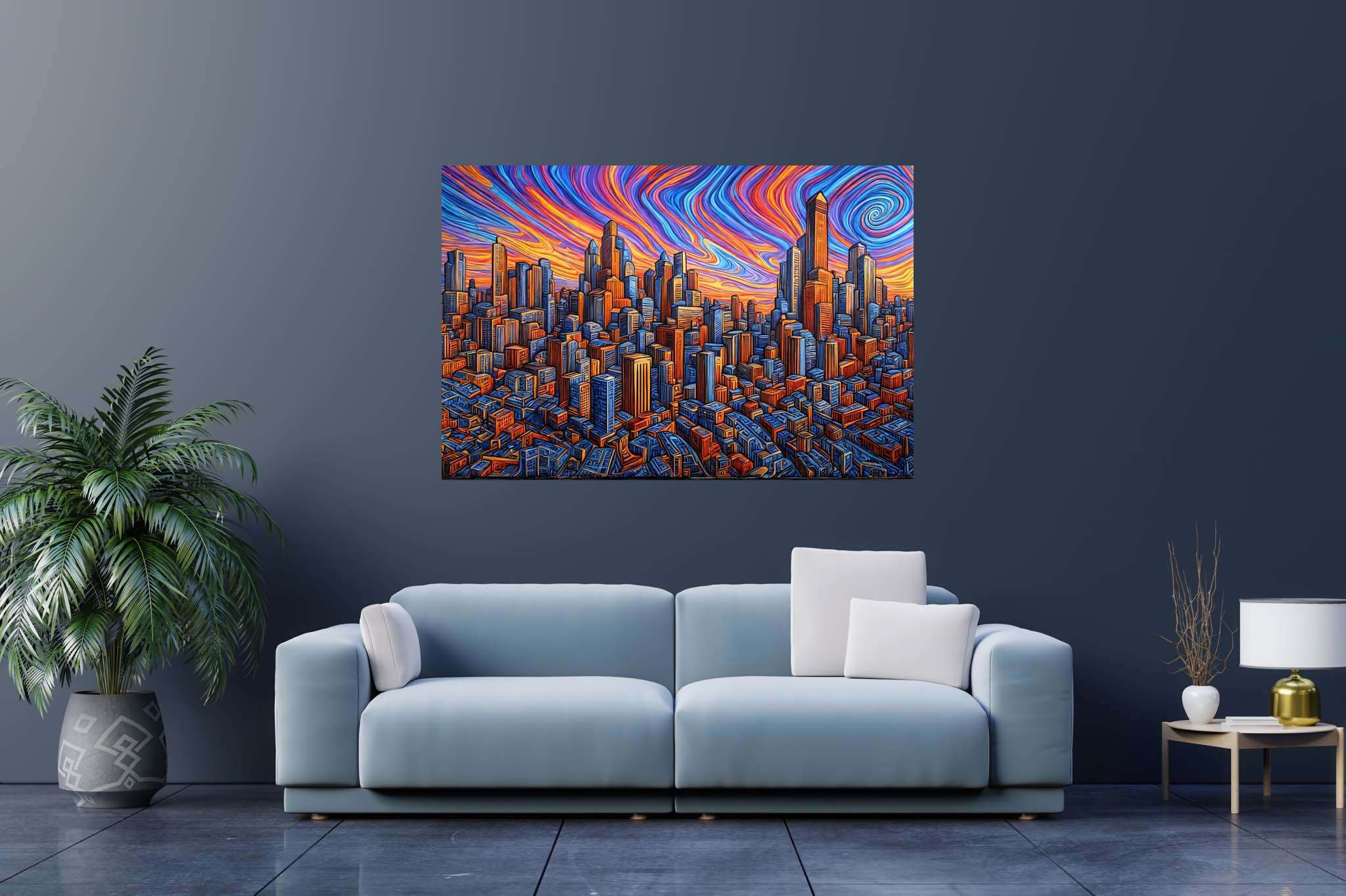 Urban lullaby at dusk: Sunset cityscape art with abstract cityscape art, in a room with artistic style, bespoke art designs, and stylish accessories. The art can be printed on poster, framed poster, canvas, metal, acrylic or wood, exclusively at WallArtZen. Find this exact print at https://wallartzen.com/waz213
