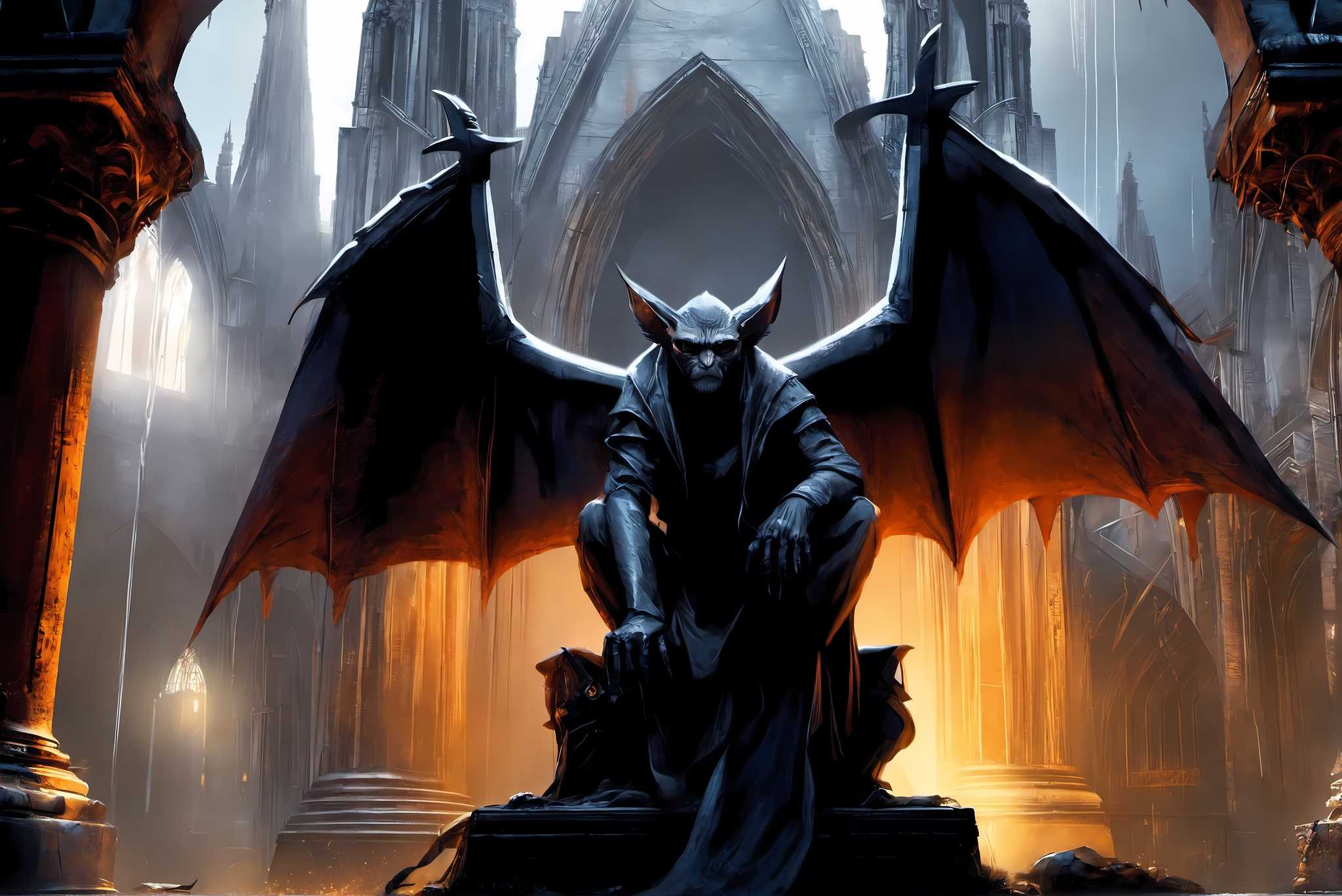 Gothic reverie unveiled: Gothic art with grotesque sculptures, in a room with chic decor, wall hangings, and artisan decor. The art can be printed on poster, framed poster, canvas, metal, acrylic or wood, exclusively at WallArtZen. Find this exact print at https://wallartzen.com/waz214