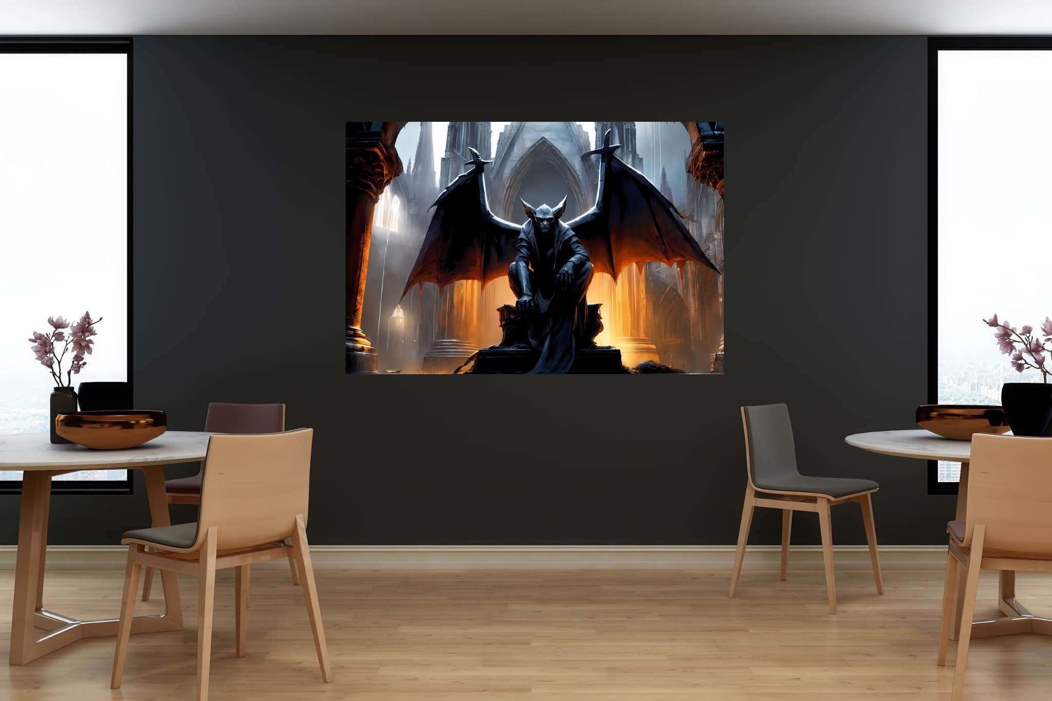 Gothic reverie unveiled: Gothic art with ominous imagery, in a room with minimalist approach, mural artworks, and home styling items. The art can be printed on poster, framed poster, canvas, metal, acrylic or wood, exclusively at WallArtZen. Find this exact print at https://wallartzen.com/waz214