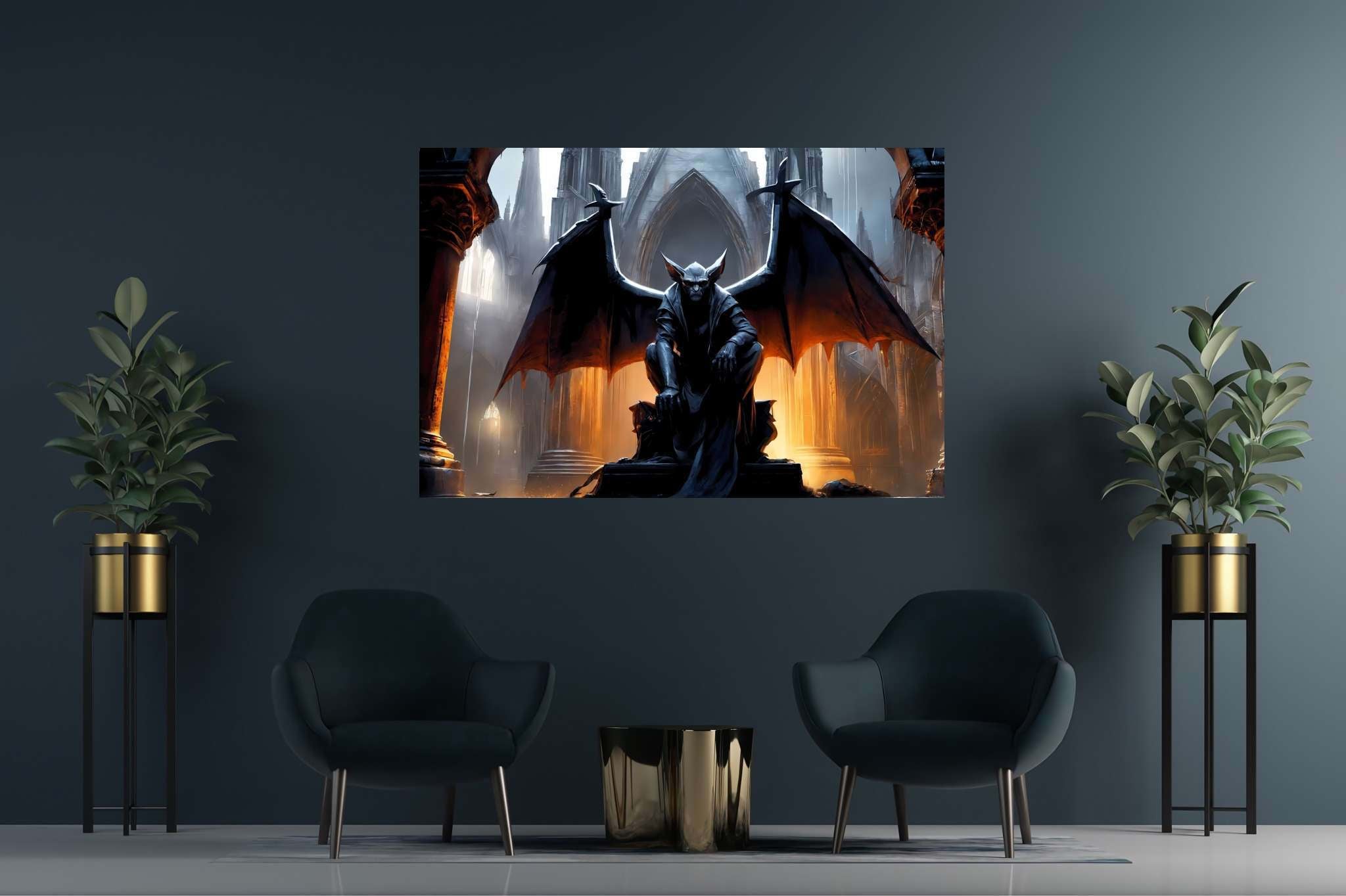 Gothic reverie unveiled: Gothic art with gothic art, in a room with modern style, bespoke art designs, and home styling items. The art can be printed on poster, framed poster, canvas, metal, acrylic or wood, exclusively at WallArtZen. Find this exact print at https://wallartzen.com/waz214