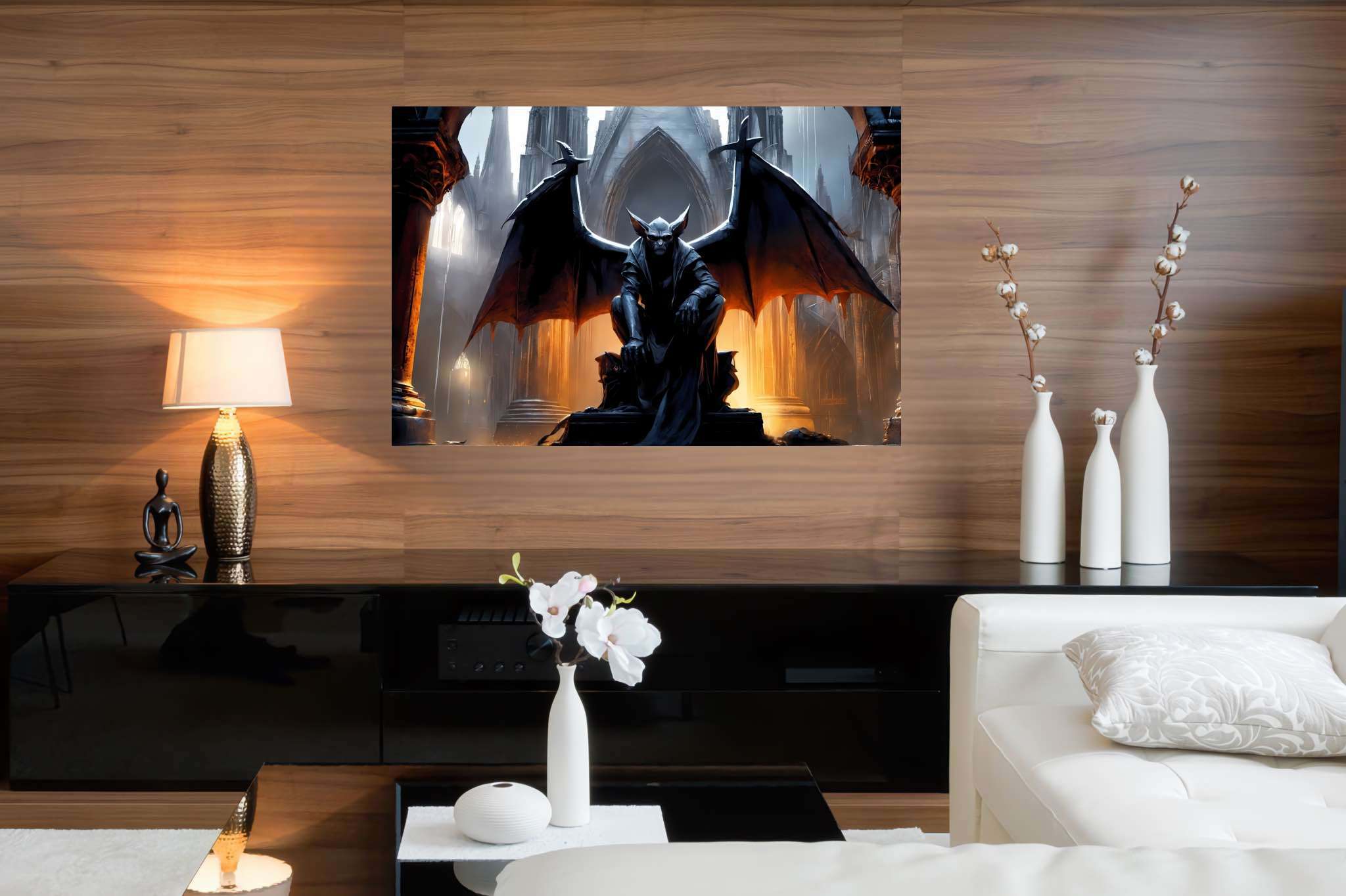 Gothic reverie unveiled: Gothic art with dark aesthetics, in a room with minimalist approach, fine art prints, and elegant home goods. The art can be printed on poster, framed poster, canvas, metal, acrylic or wood, exclusively at WallArtZen. Find this exact print at https://wallartzen.com/waz214