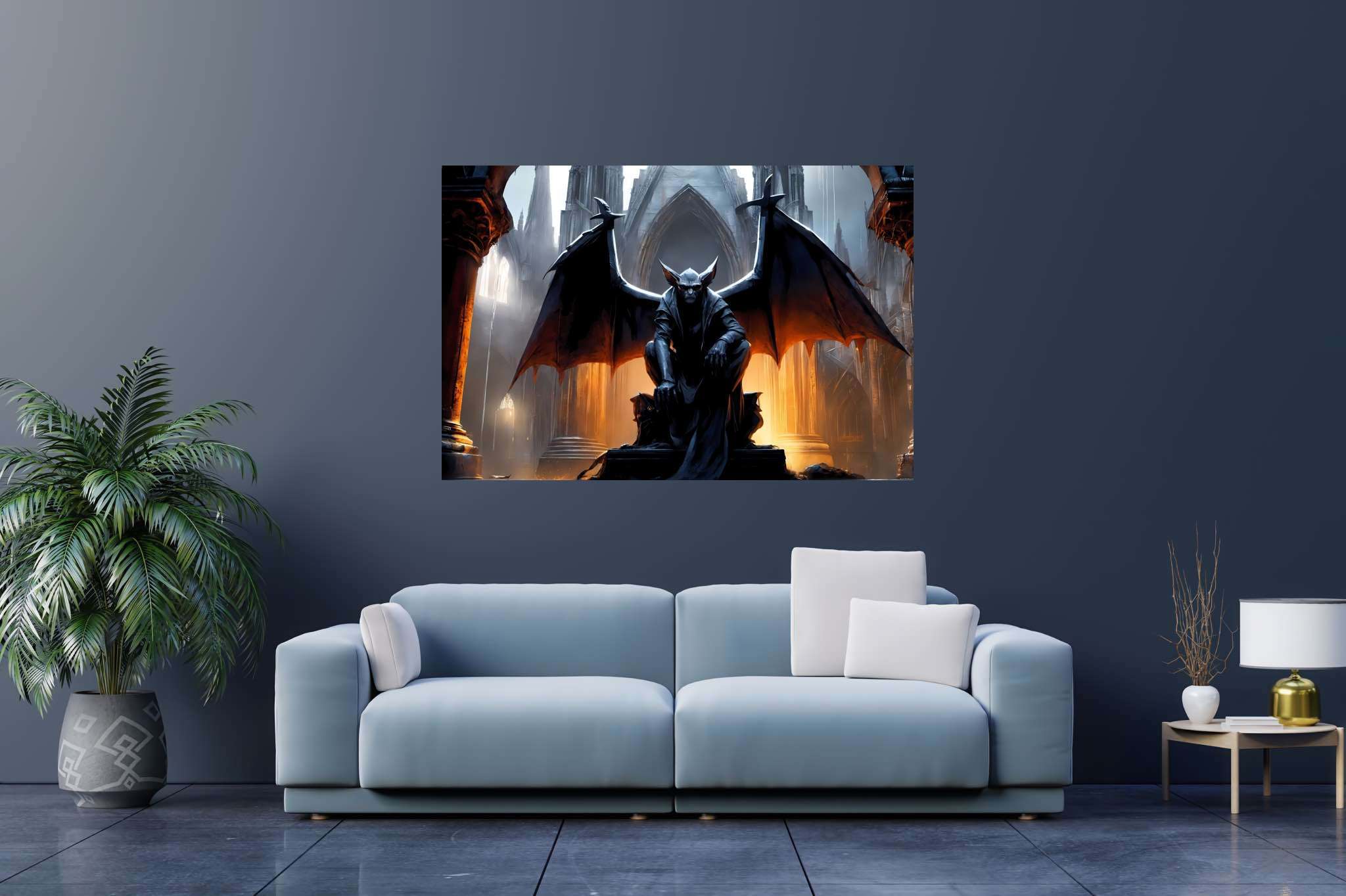 Gothic reverie unveiled: Gothic art with gothic revival, in a room with contemporary flair, abstract paintings, and designer furniture. The art can be printed on poster, framed poster, canvas, metal, acrylic or wood, exclusively at WallArtZen. Find this exact print at https://wallartzen.com/waz214