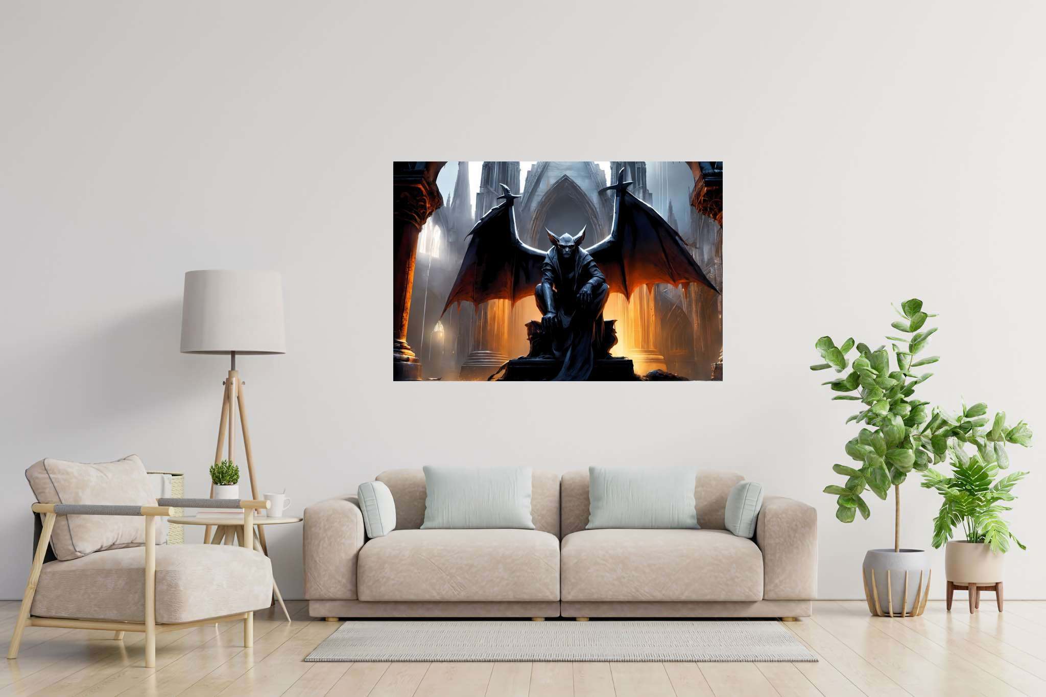 Gothic reverie unveiled: Gothic art with cathedral art, in a room with minimalist approach, mural artworks, and home furnishings. The art can be printed on poster, framed poster, canvas, metal, acrylic or wood, exclusively at WallArtZen. Find this exact print at https://wallartzen.com/waz214