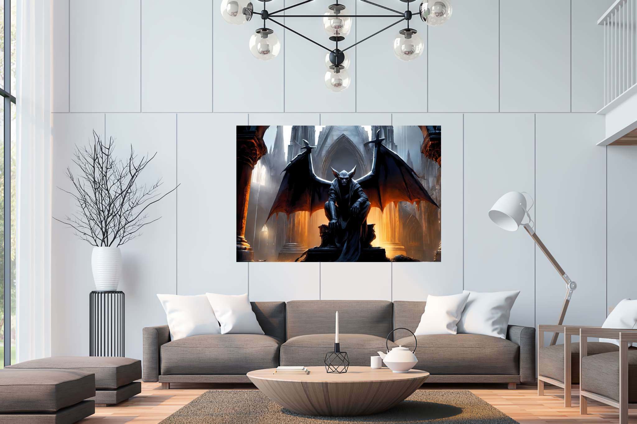 Gothic reverie unveiled: Gothic art with medieval architecture, in a room with classic elegance, framed art, and decorative pieces. The art can be printed on poster, framed poster, canvas, metal, acrylic or wood, exclusively at WallArtZen. Find this exact print at https://wallartzen.com/waz214