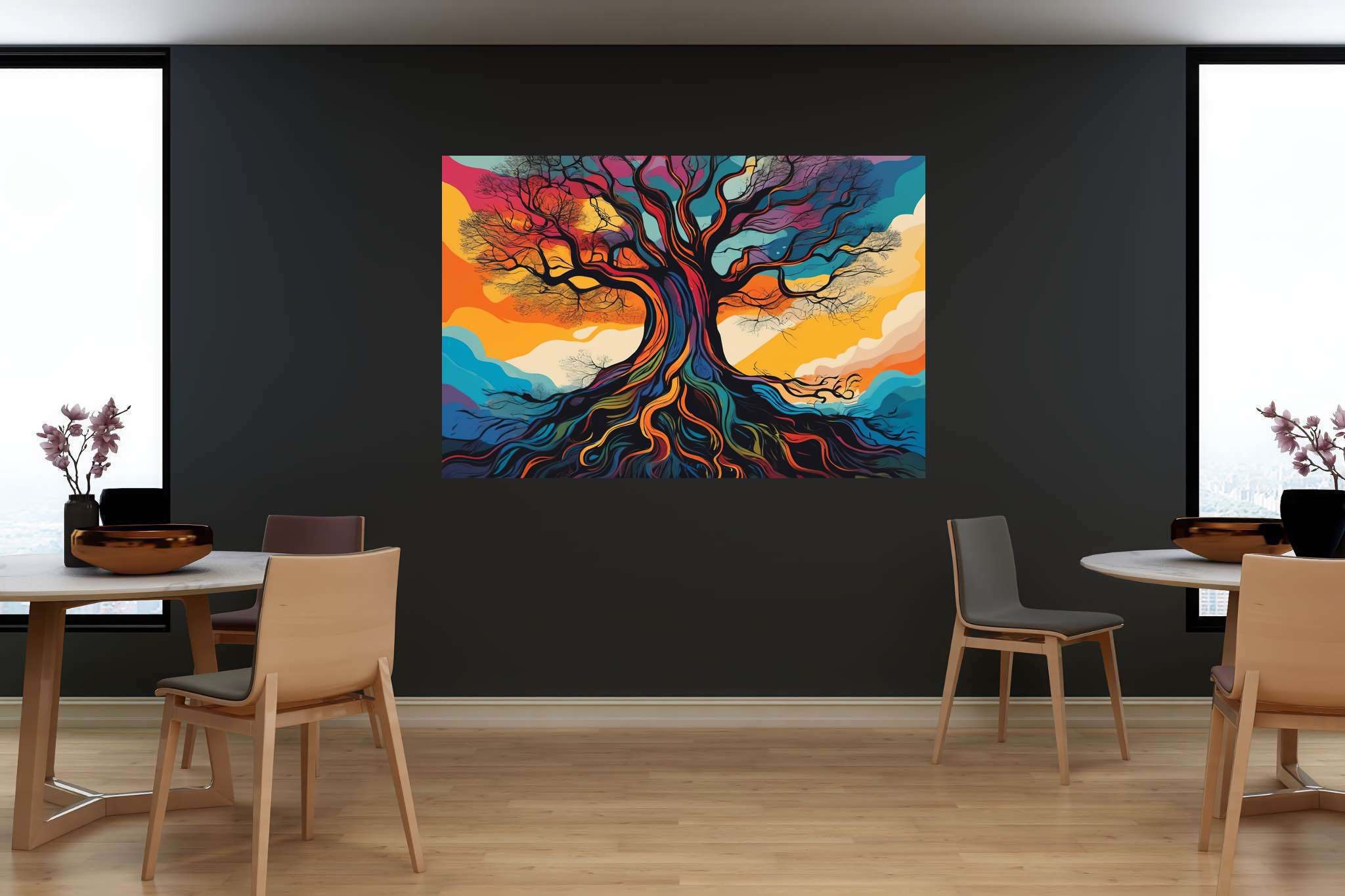 Aurora arborea dreamscape: Vibrant tree art with vivid tree artwork, in a room with minimalist approach, abstract paintings, and elegant home goods. The art can be printed on poster, framed poster, canvas, metal, acrylic or wood, exclusively at WallArtZen. Find this exact print at https://wallartzen.com/waz215