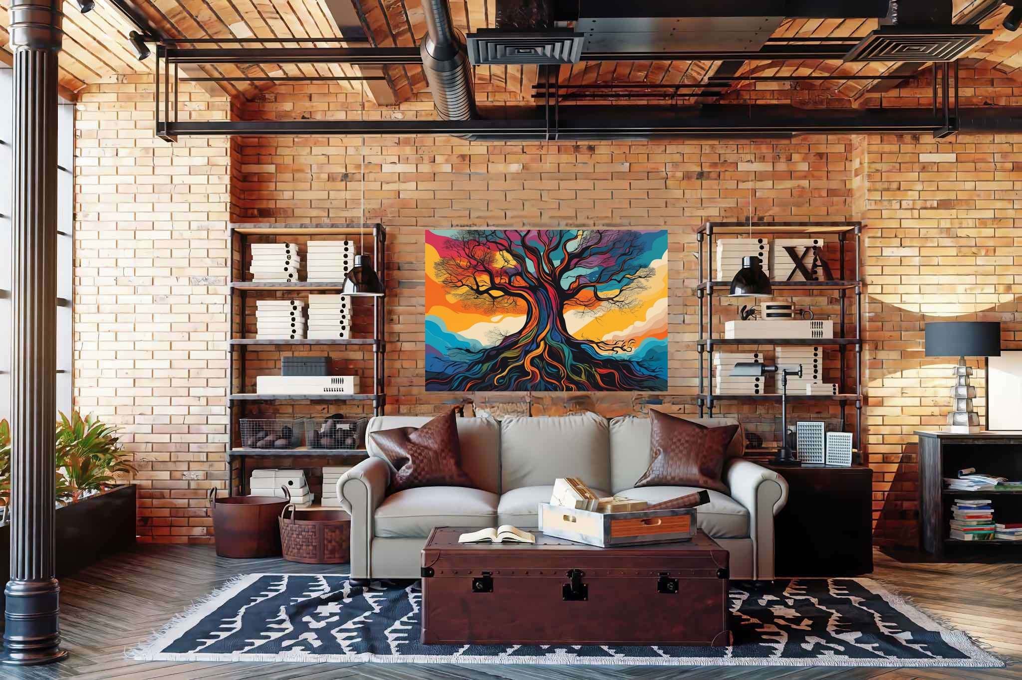 Aurora arborea dreamscape: Vibrant tree art with vibrant tree imagery, in a room with modern style, mural artworks, and trendy home accents. The art can be printed on poster, framed poster, canvas, metal, acrylic or wood, exclusively at WallArtZen. Find this exact print at https://wallartzen.com/waz215