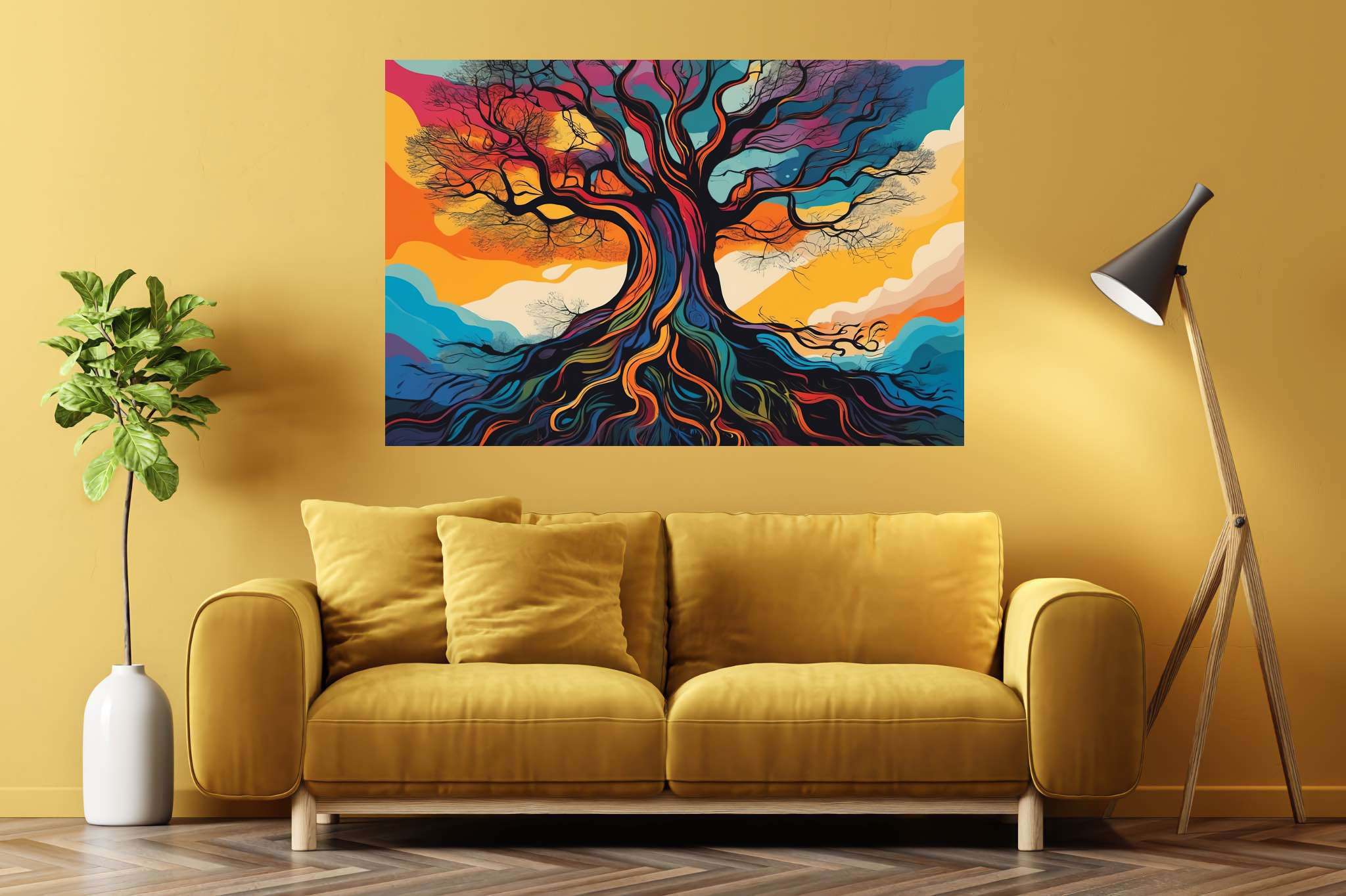 Aurora arborea dreamscape: Vibrant tree art with colorful tree art, in a room with innovative layout, digital art pieces, and home furnishings. The art can be printed on poster, framed poster, canvas, metal, acrylic or wood, exclusively at WallArtZen. Find this exact print at https://wallartzen.com/waz215