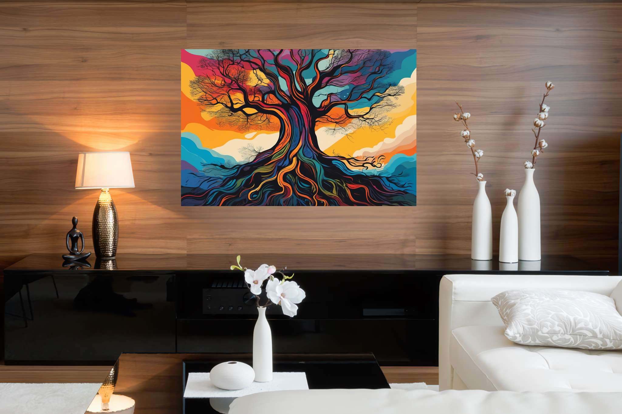 Aurora arborea dreamscape: Vibrant tree art with artistic depiction of trees, in a room with elegant layout, fine art prints, and elegant home goods. The art can be printed on poster, framed poster, canvas, metal, acrylic or wood, exclusively at WallArtZen. Find this exact print at https://wallartzen.com/waz215