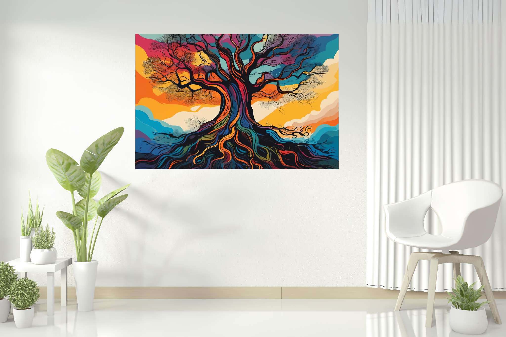 Aurora arborea dreamscape: Vibrant tree art with vibrant tree illustrations, in a room with chic decor, wall art, and home styling items. The art can be printed on poster, framed poster, canvas, metal, acrylic or wood, exclusively at WallArtZen. Find this exact print at https://wallartzen.com/waz215
