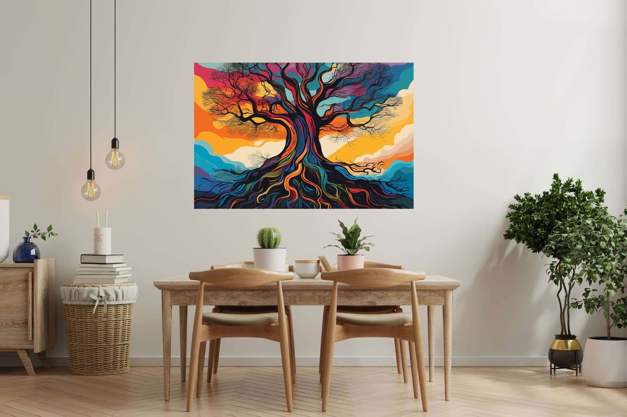 Aurora arborea dreamscape: Vibrant tree art with vibrant nature scenes, in a room with elegant layout, wall hangings, and home styling items. The art can be printed on poster, framed poster, canvas, metal, acrylic or wood, exclusively at WallArtZen. Find this exact print at https://wallartzen.com/waz215