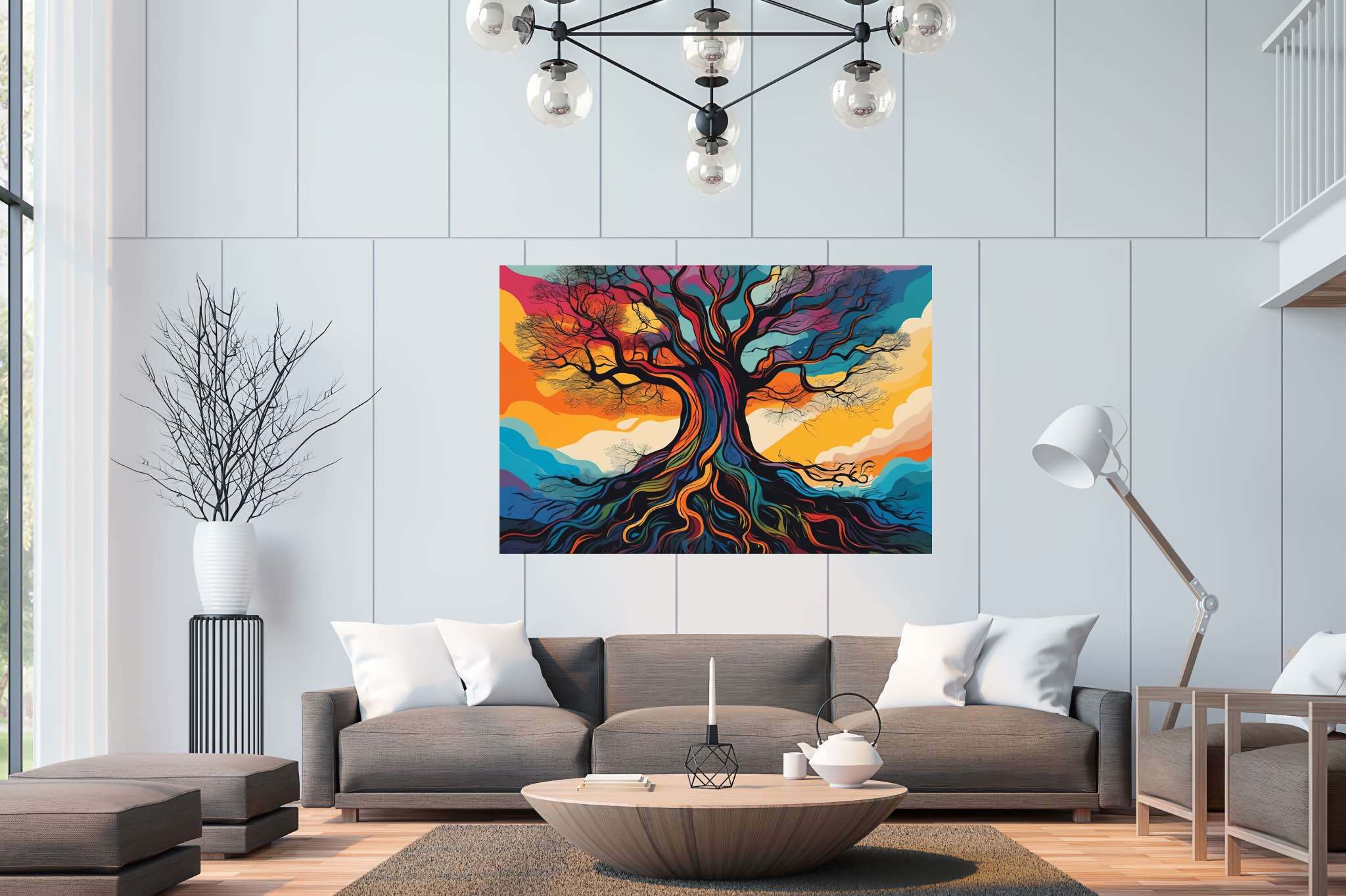 Aurora arborea dreamscape: Vibrant tree art with vibrant nature scenes, in a room with minimalist approach, abstract paintings, and luxe decor. The art can be printed on poster, framed poster, canvas, metal, acrylic or wood, exclusively at WallArtZen. Find this exact print at https://wallartzen.com/waz215