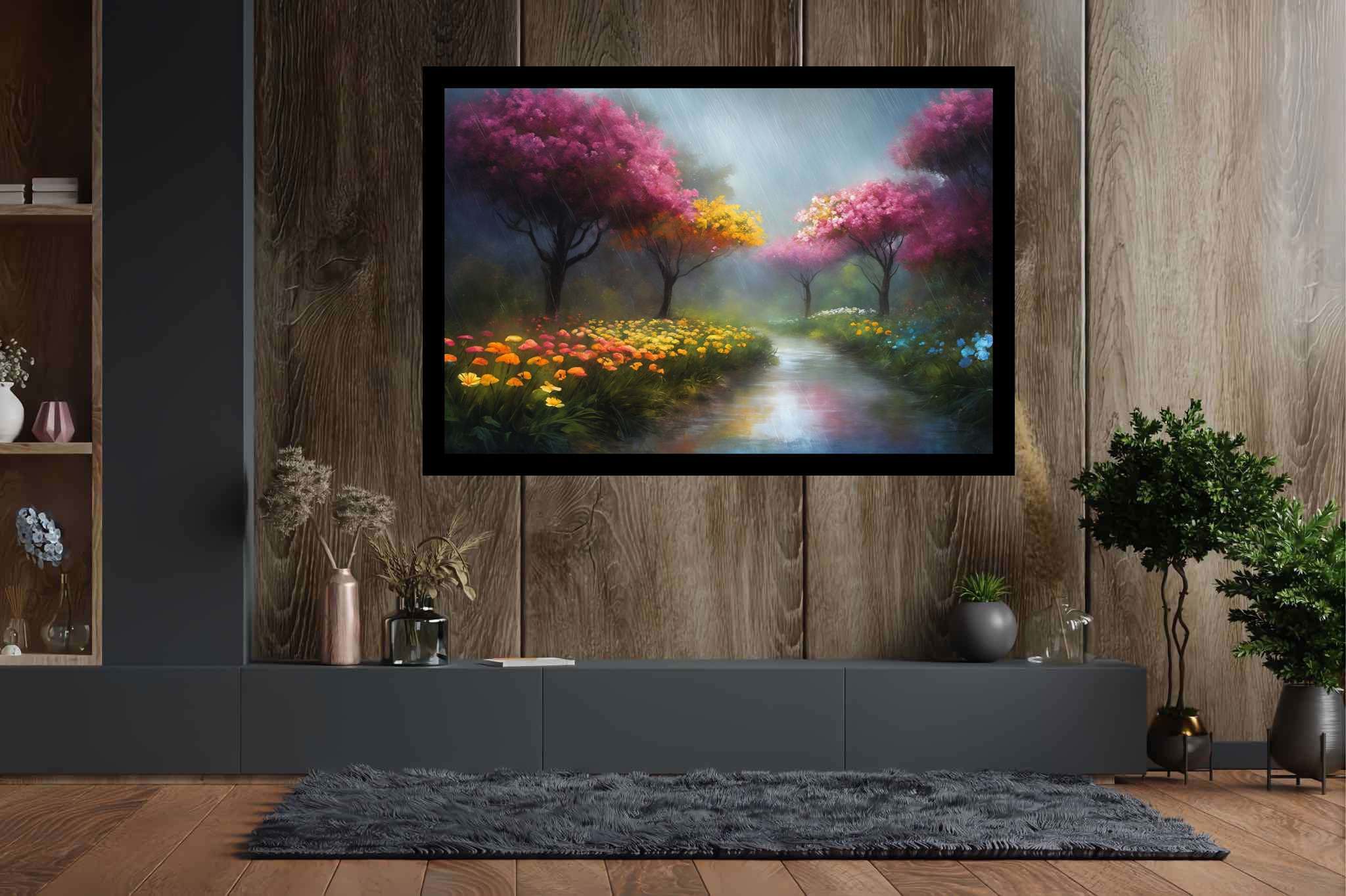 Murmurs of dawn stream: Nature art with nature illustrations, in a room with classic elegance, canvas prints, and decorative pieces. The art can be printed on poster, framed poster, canvas, metal, acrylic or wood, exclusively at WallArtZen. Find this exact print at https://wallartzen.com/waz216