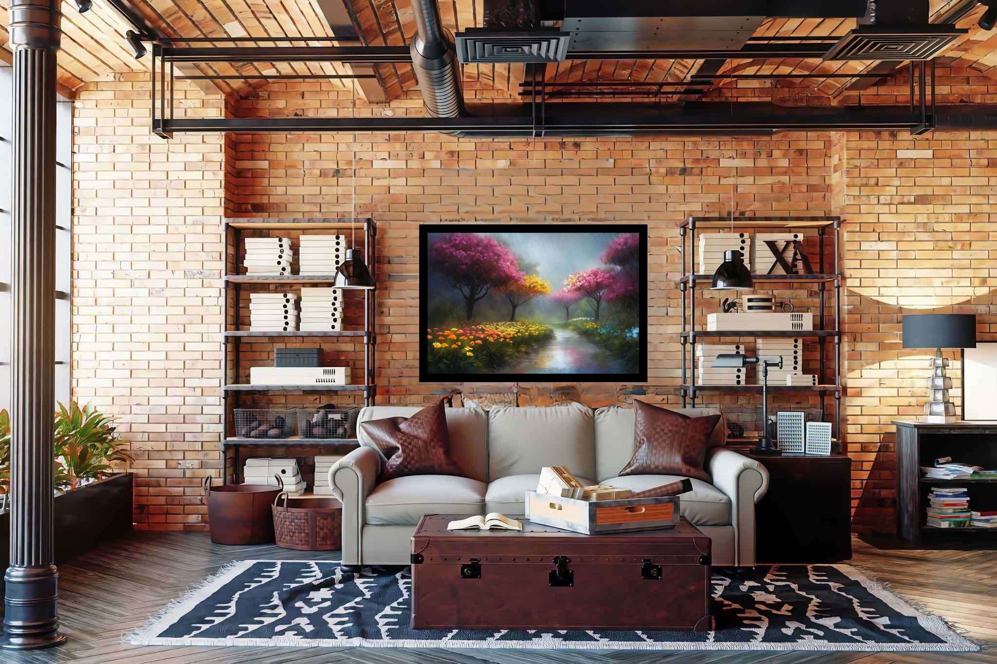 Murmurs of dawn stream: Nature art with natural scenery, in a room with elegant layout, fine art prints, and artisan decor. The art can be printed on poster, framed poster, canvas, metal, acrylic or wood, exclusively at WallArtZen. Find this exact print at https://wallartzen.com/waz216