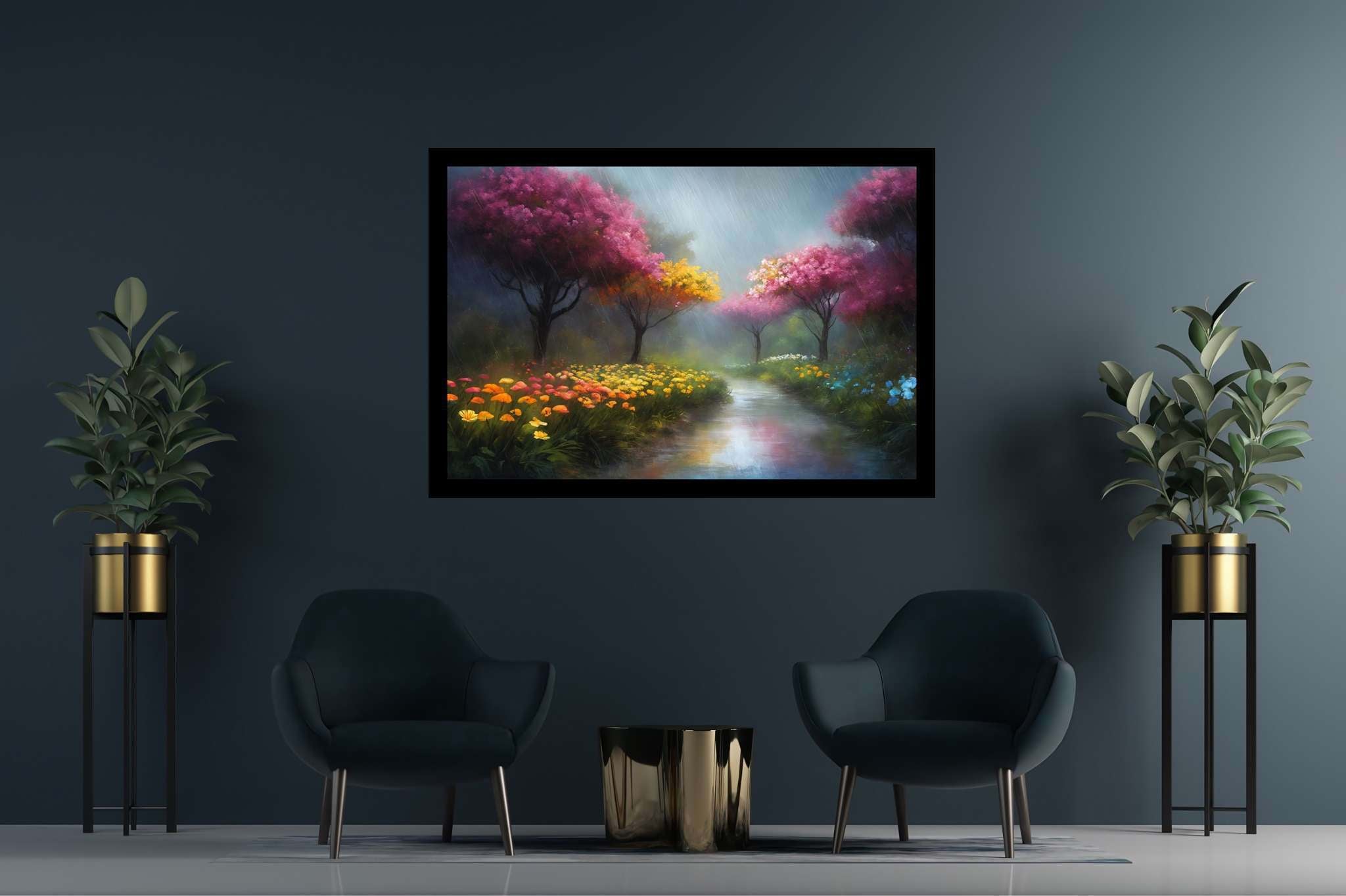Murmurs of dawn stream: Nature art with nature illustrations, in a room with elegant layout, fine art prints, and stylish accessories. The art can be printed on poster, framed poster, canvas, metal, acrylic or wood, exclusively at WallArtZen. Find this exact print at https://wallartzen.com/waz216