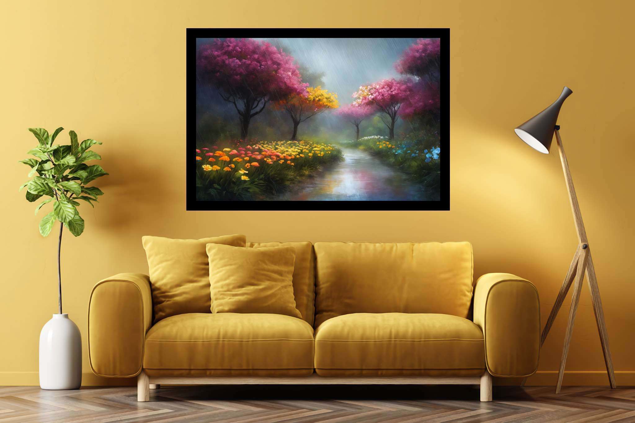 Murmurs of dawn stream: Nature art with nature-inspired illustrations, in a room with urban design, bespoke art designs, and interior decorations. The art can be printed on poster, framed poster, canvas, metal, acrylic or wood, exclusively at WallArtZen. Find this exact print at https://wallartzen.com/waz216