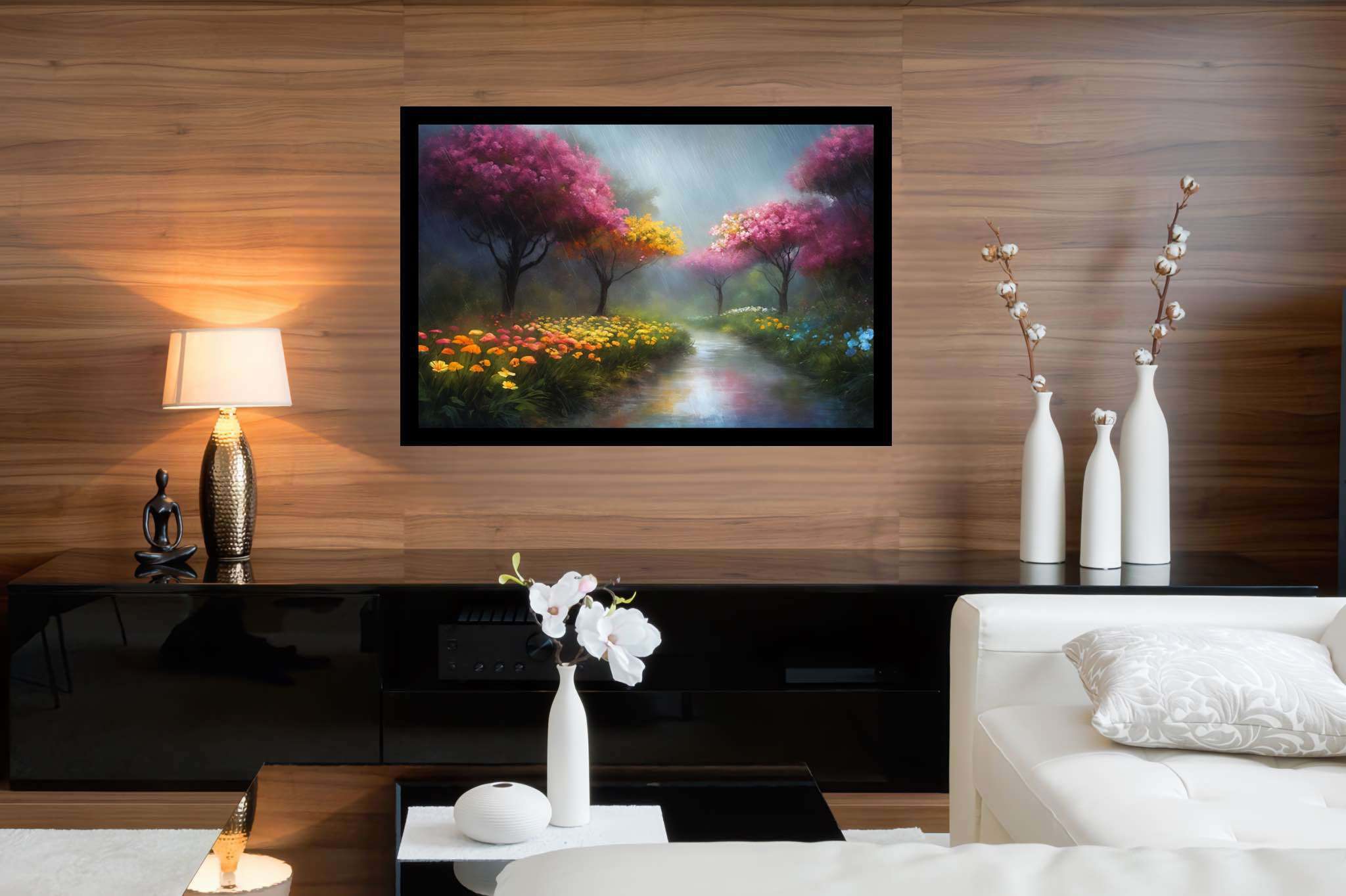 Murmurs of dawn stream: Nature art with natural scenery, in a room with modern style, gallery-quality artwork, and home styling items. The art can be printed on poster, framed poster, canvas, metal, acrylic or wood, exclusively at WallArtZen. Find this exact print at https://wallartzen.com/waz216